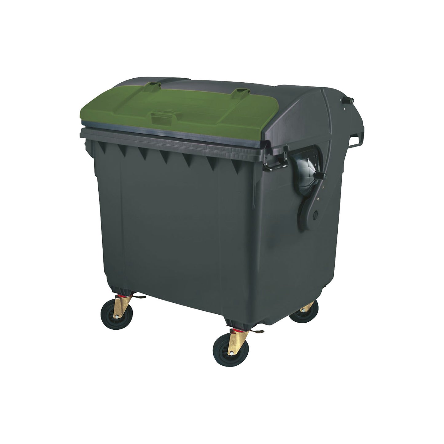 Plastic waste container, DIN EN 840, capacity 1100 L, with round lid, anthracite/green.