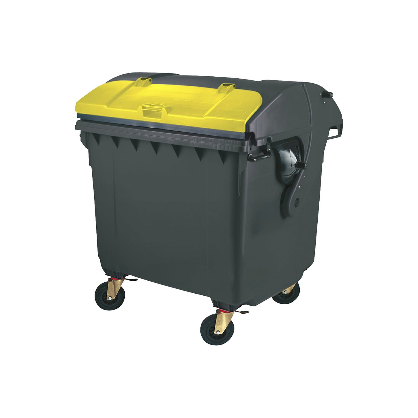 Plastic waste container, DIN EN 840, capacity 1100 L, with round lid, anthracite/yellow.