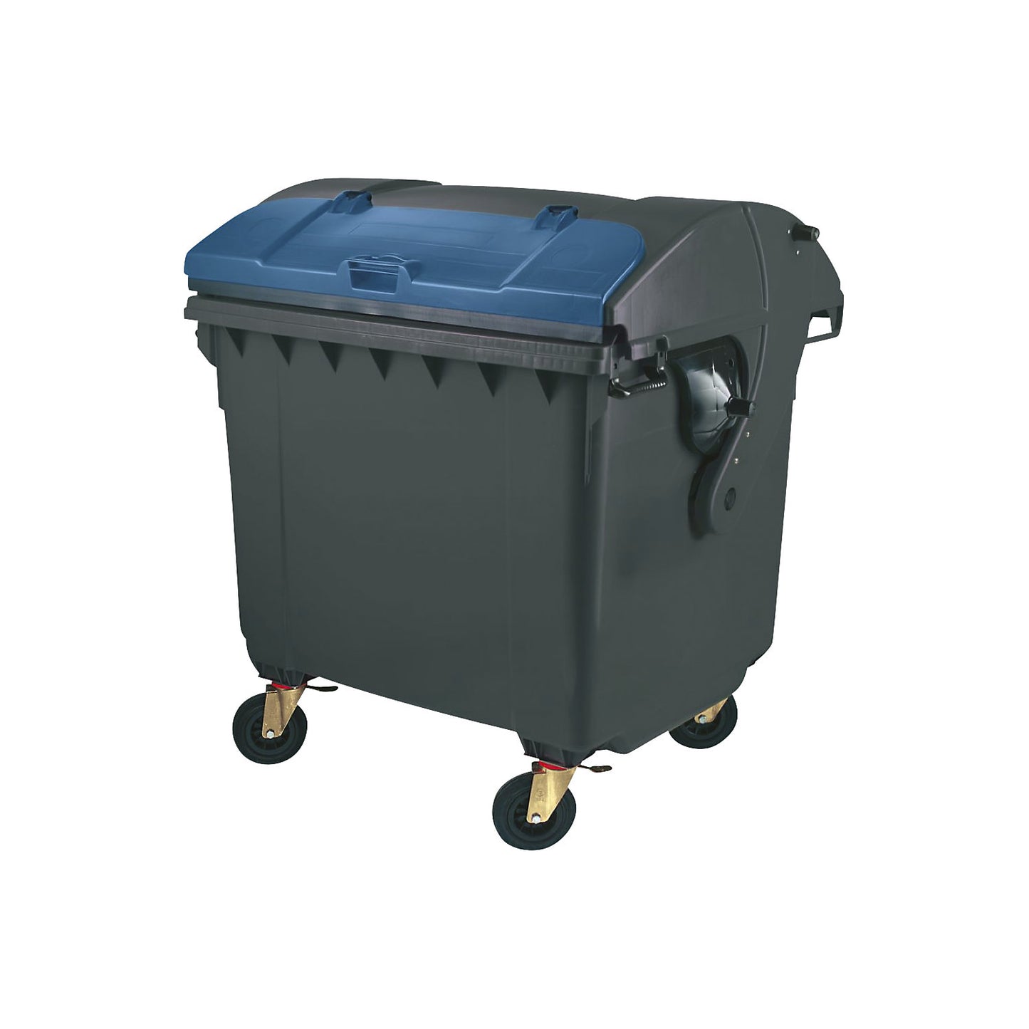 Plastic waste container, DIN EN 840, capacity 1100 L, with round lid, anthracite/blue.