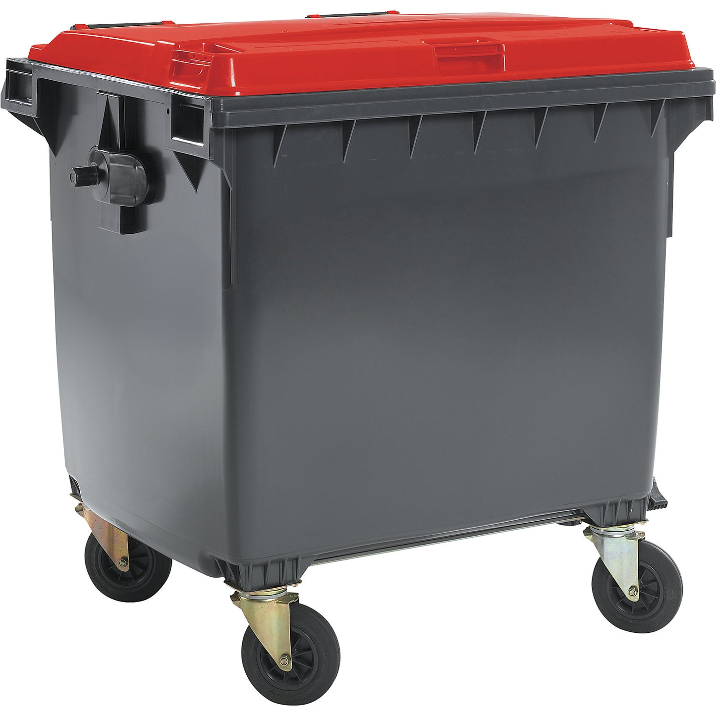 Plastic waste container, DIN EN 840, capacity 1100 l, WxHxD 1370 x 1470 x 1115 mm, anthracite/red.
