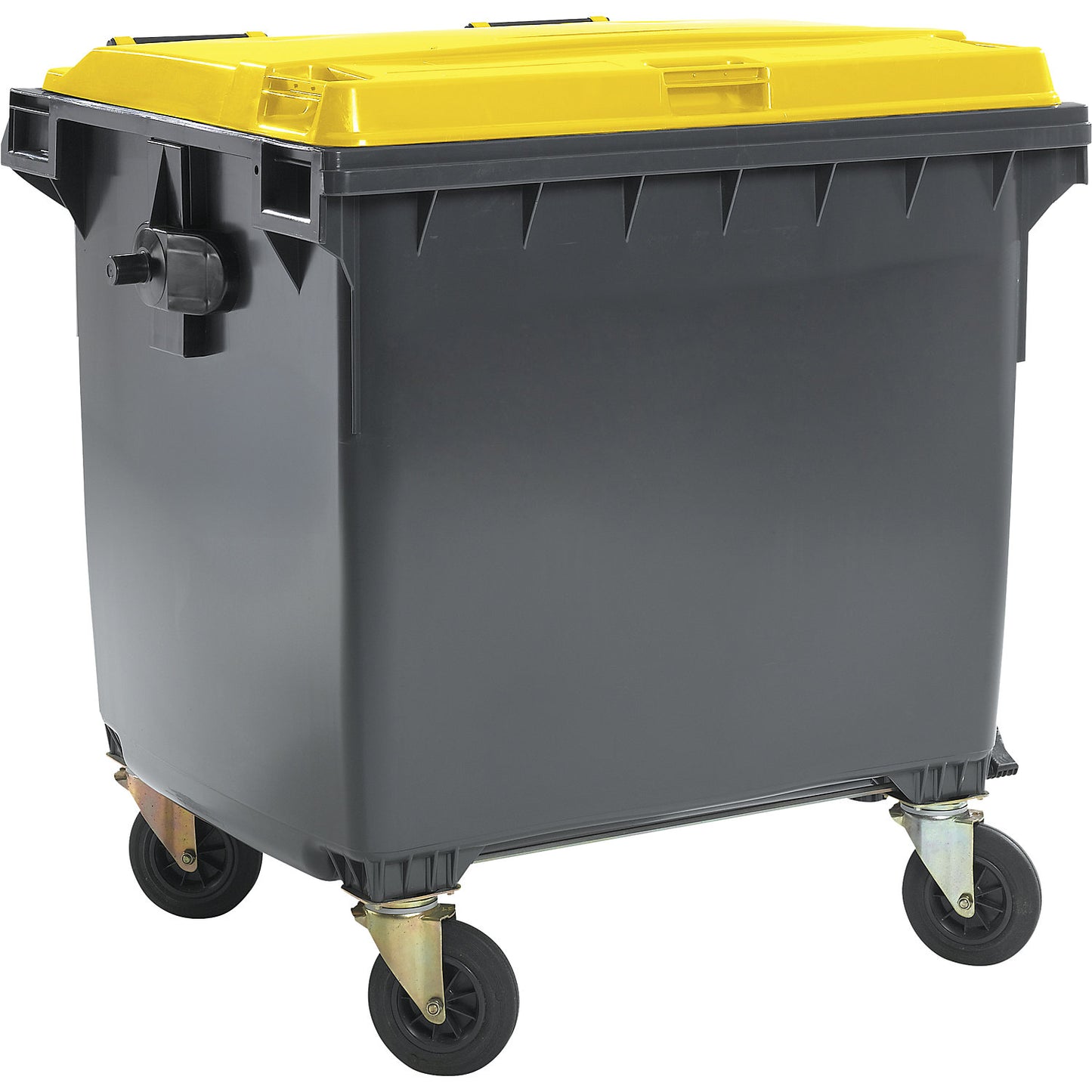 Plastic waste container, DIN EN 840, capacity 1100 l, WxHxD 1370 x 1470 x 1115 mm, anthracite/yellow.