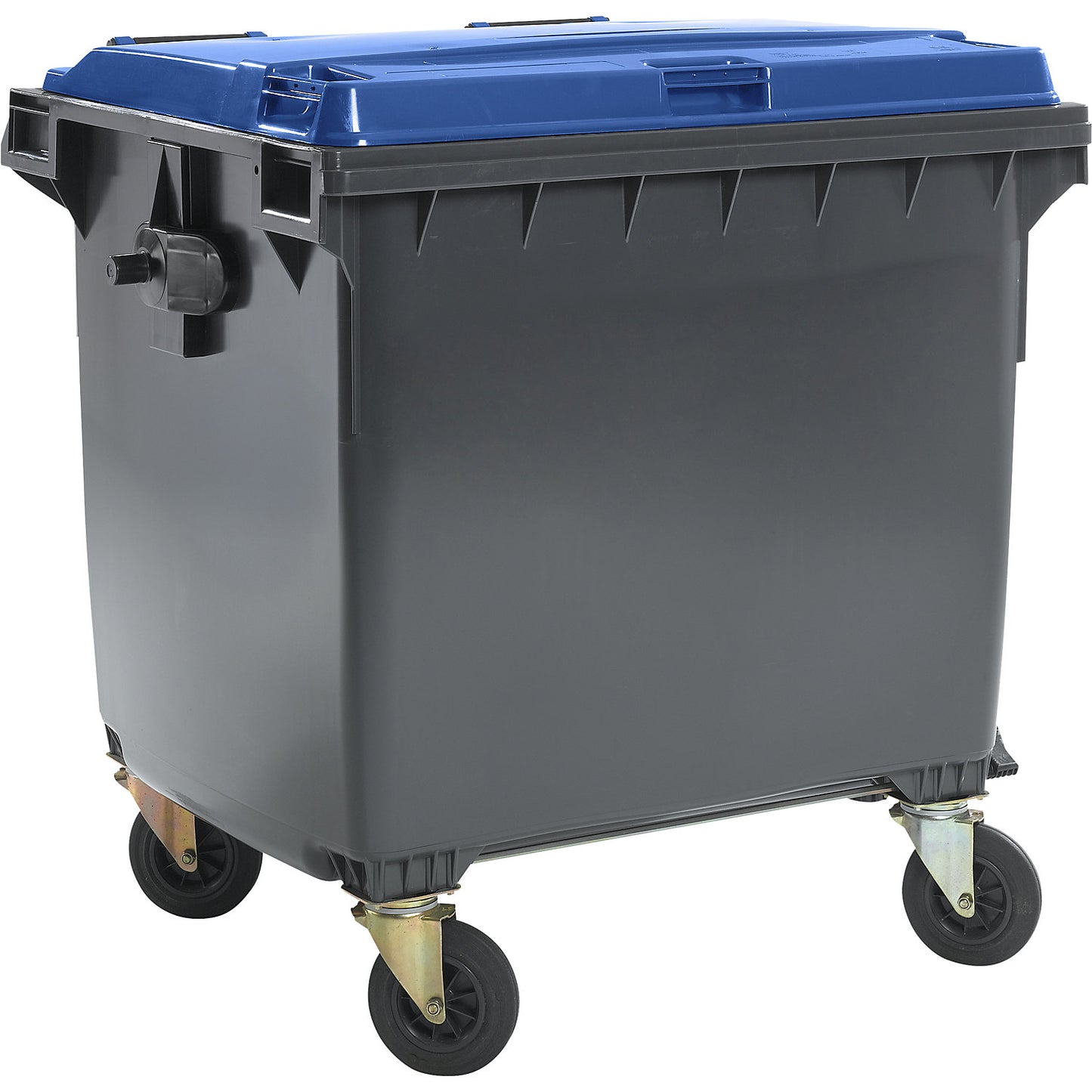 Plastic waste container, DIN EN 840, capacity 1100 l, WxHxD 1370 x 1470 x 1115 mm, anthracite/blue.