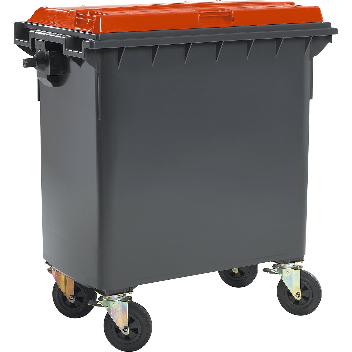 Plastic waste container, DIN EN 840, capacity 770 l, WxHxD 1360 x 1330 x 770 mm, anthracite/red.