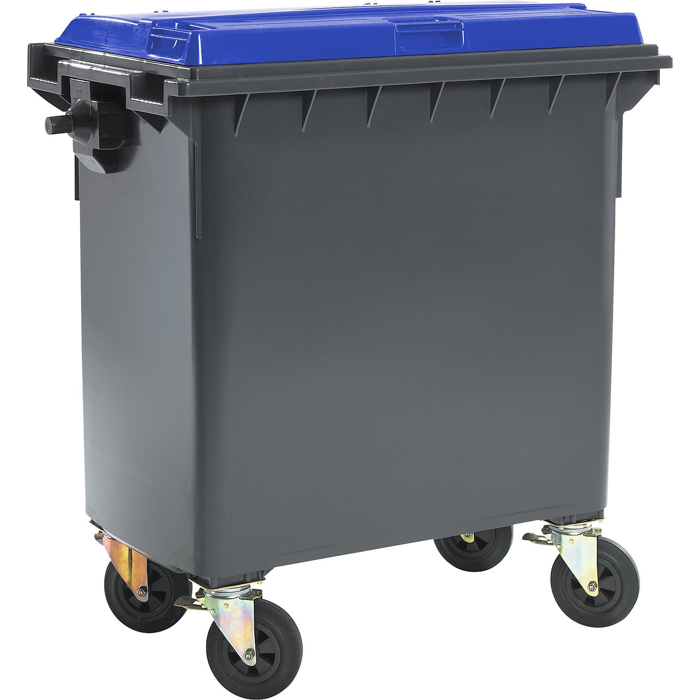 Plastic waste container, DIN EN 840, capacity 770 l, WxHxD 1360 x 1330 x 770 mm, anthracite/blue.