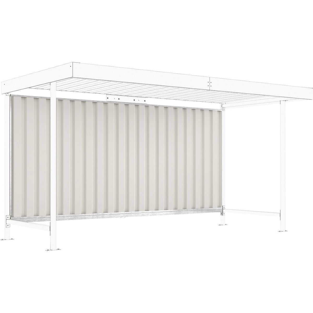 Material shelter Leipzig, three-sided complete set, powder coated, HxWxD 2360 x 4300 x 2200 mm.