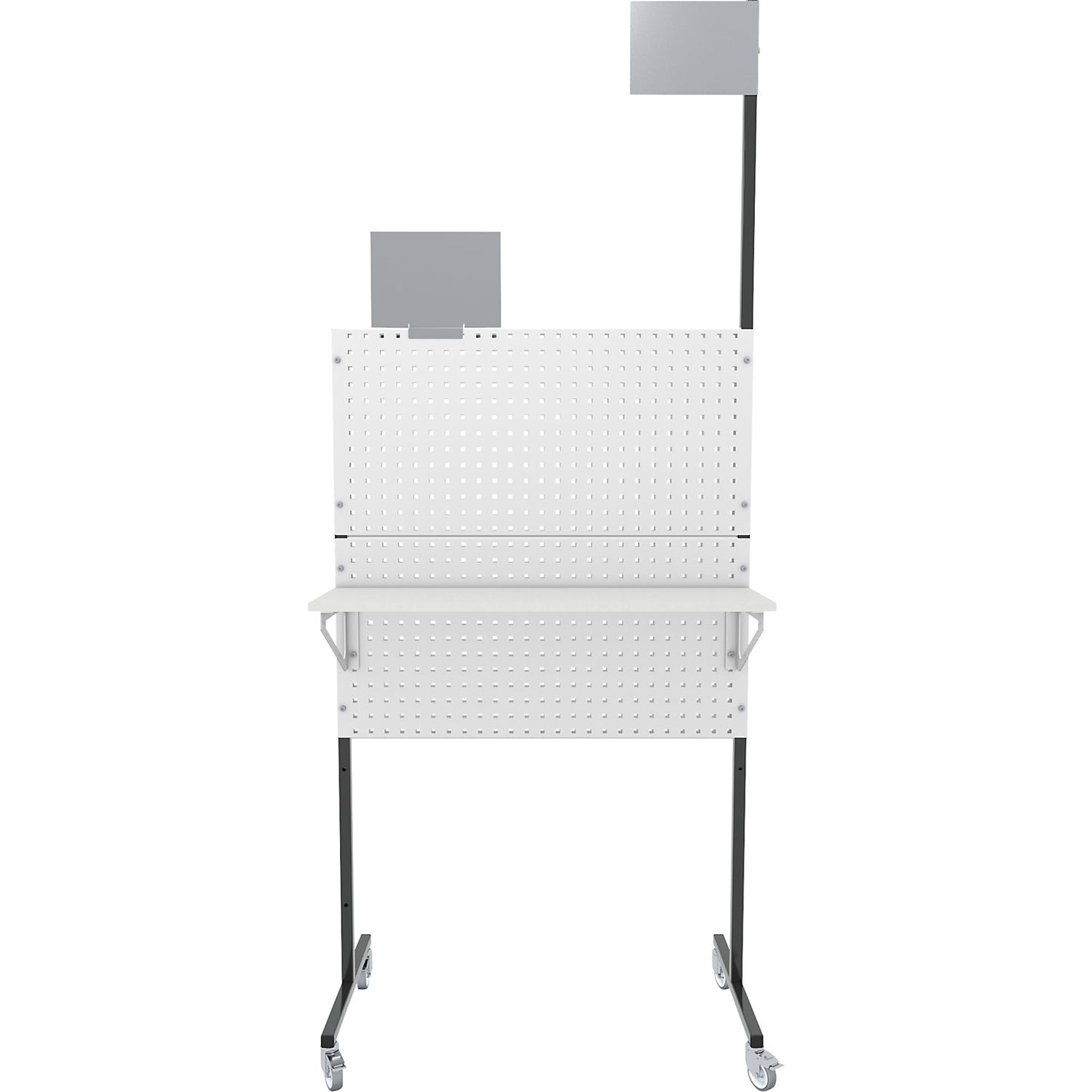 Organisation partition wall, mobile, 4 perforated panels, 2 storage shelves, 4 swivel castors.