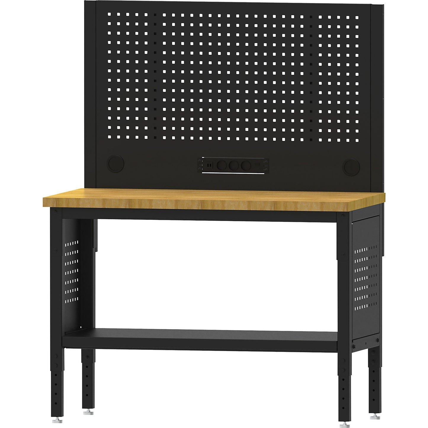 BLACKLINE workbench, without base cupboard, with perforated panel, worktop width 1524 mm.