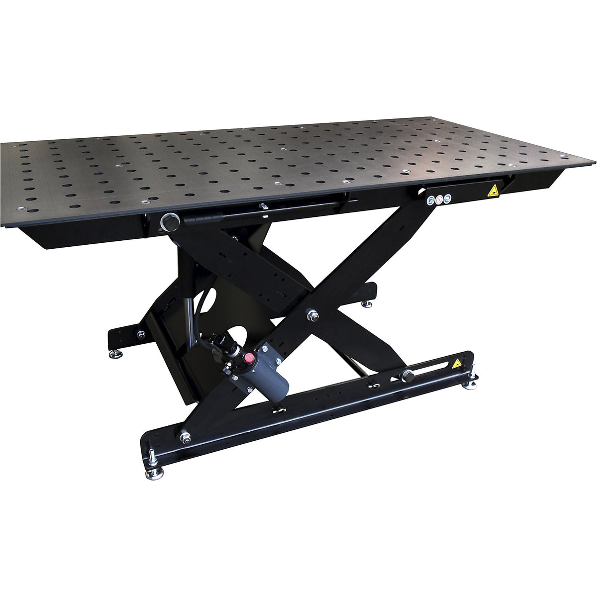 Height-adjustable welding table, Ø bores 28 mm, 2000 kg/m², HxWxD 1050 x 1950 x 950 mm.