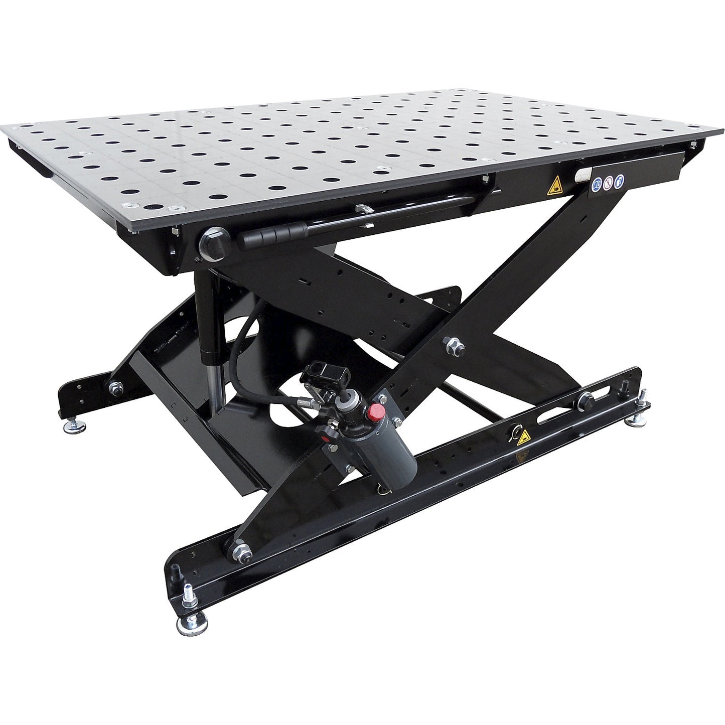 Height-adjustable welding table, Ø bores 28 mm, 2000 kg/m², HxWxD 1050 x 1400 x 900 mm.