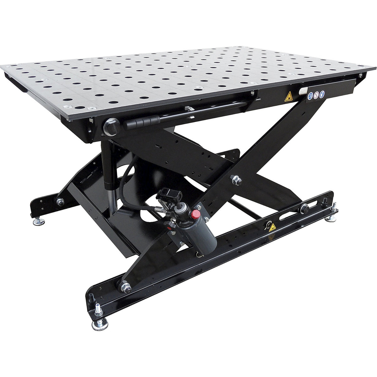 Height-adjustable welding table, Ø bores 28 mm, 2000 kg/m², HxWxD 1050 x 1400 x 900 mm.