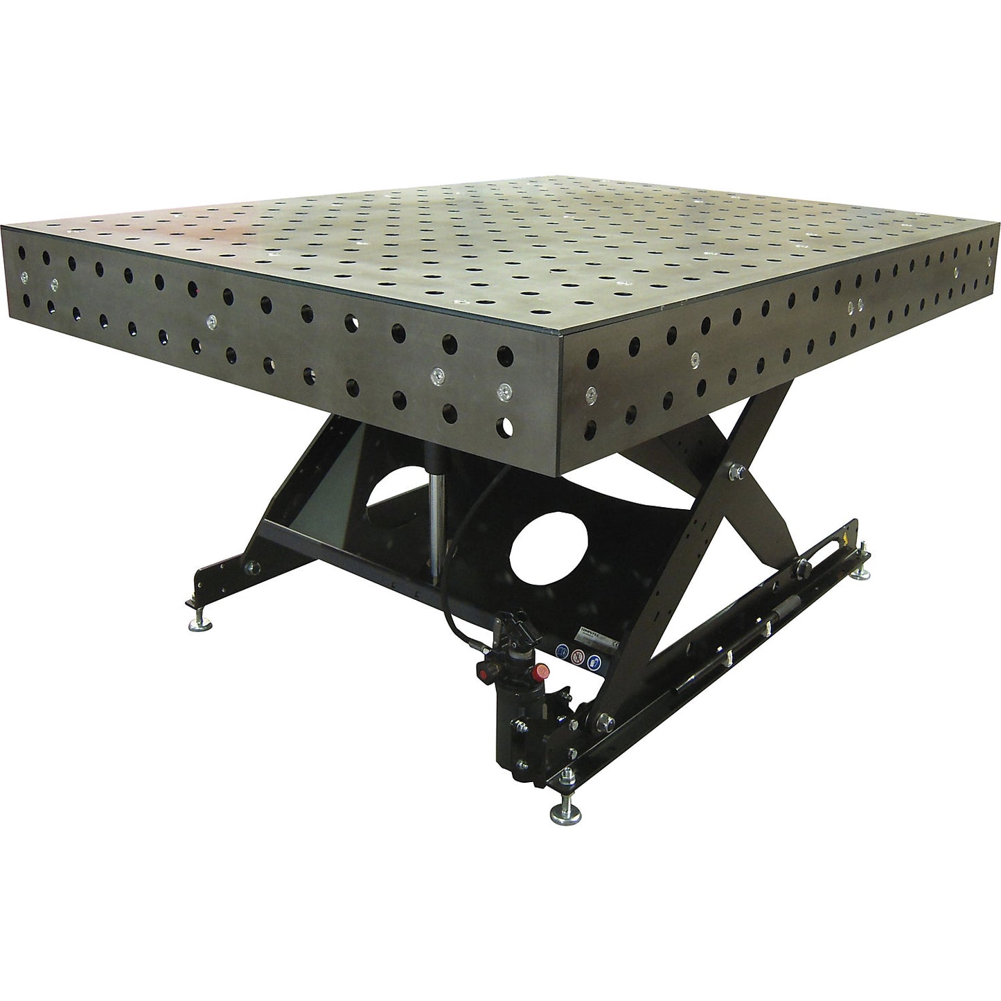 Height-adjustable welding table, Ø bores 28 mm, 2000 kg, HxWxD 800 x 1980 x 1480 mm.