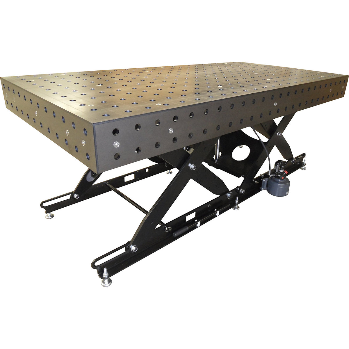 Height-adjustable welding table, Ø bores 28 mm, 2000 kg, HxWxD 1050 x 2480 x 1230 mm.