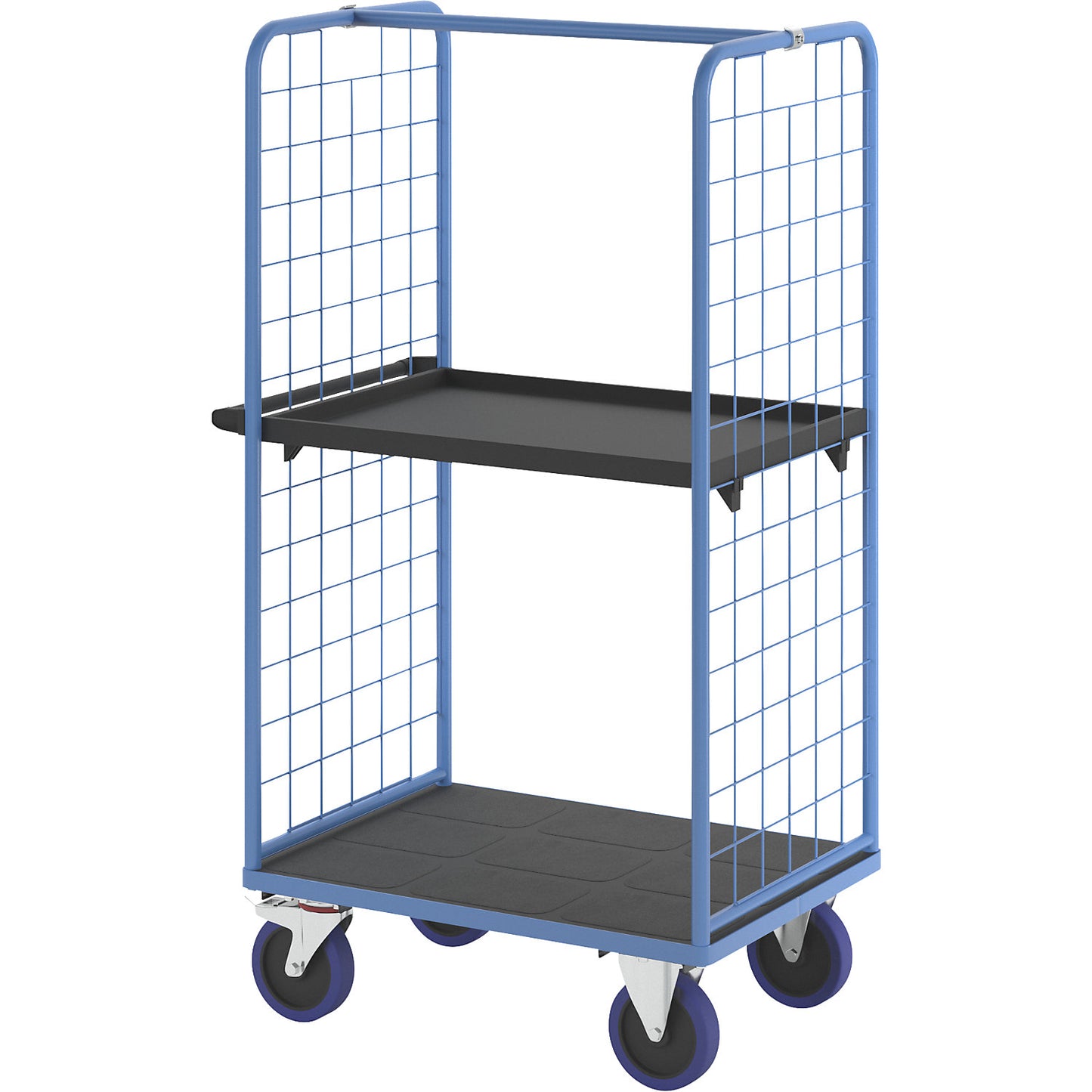 Shelf truck, with mesh panels on two sides, platform LxW 975 x 700 mm, 2 levels, with edge.
