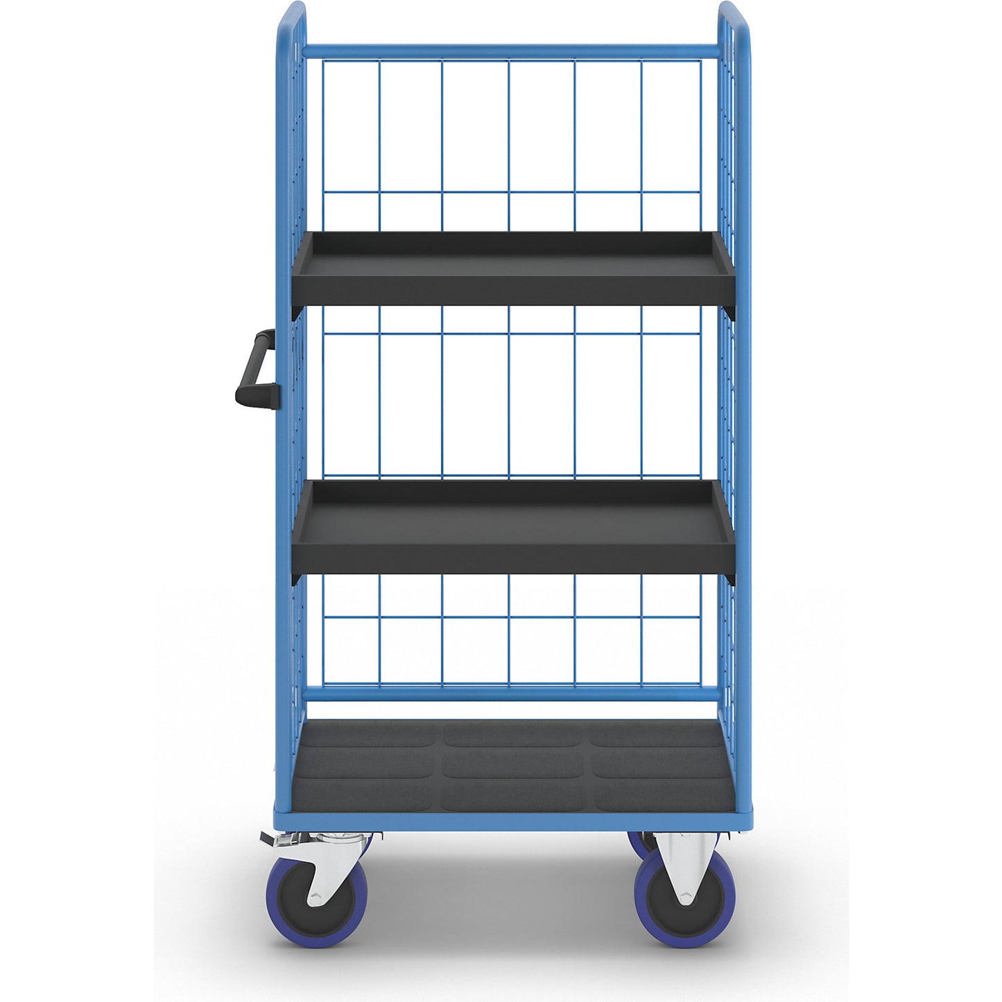 Shelf truck, with mesh panels on three sides, platform LxW 940 x 730 mm, 3 levels, with rim.