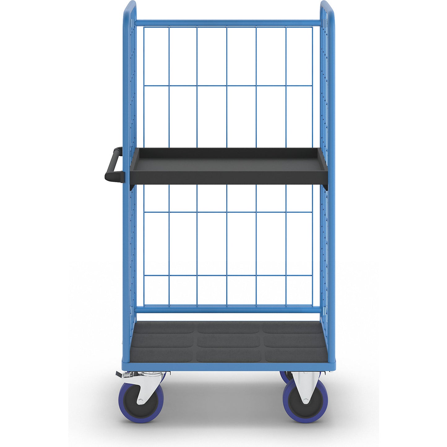 Shelf truck, with mesh panels on three sides, platform LxW 940 x 730 mm, 2 levels, with edge.