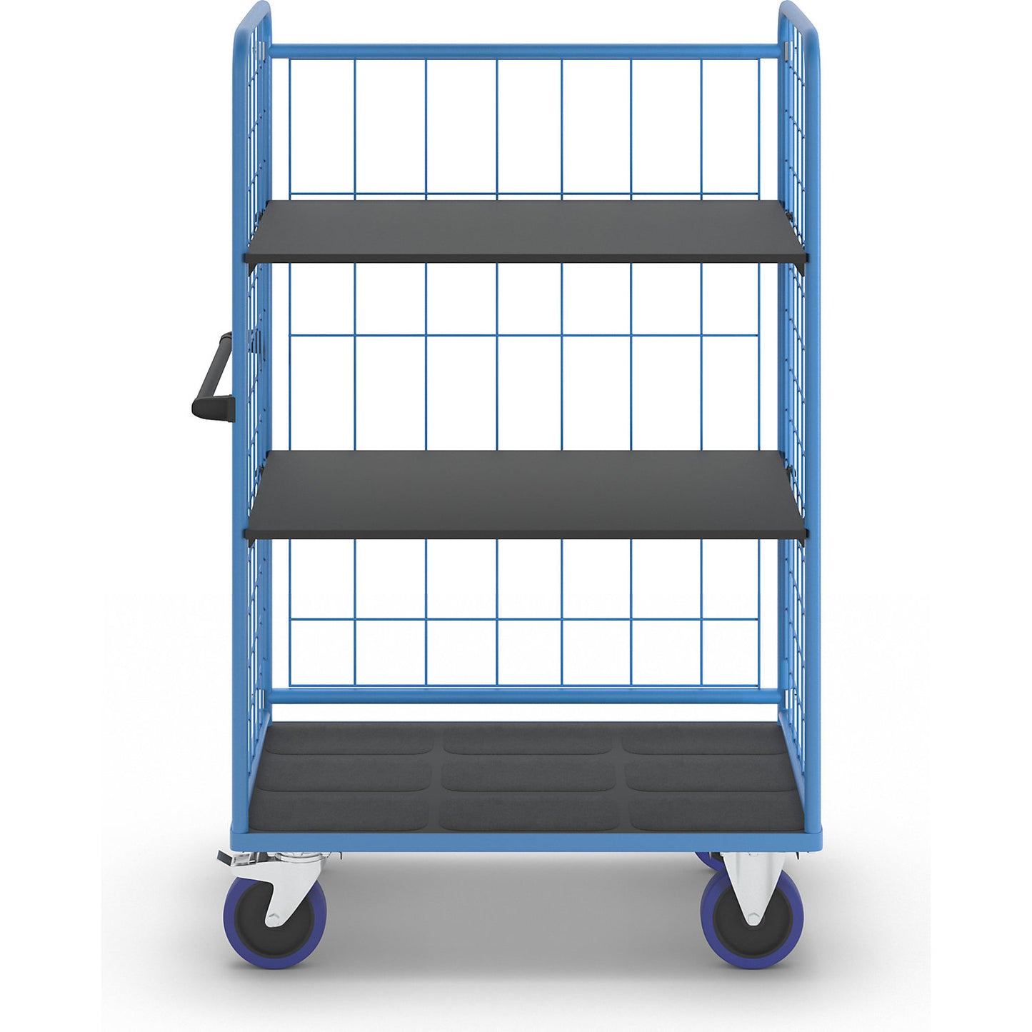 Shelf truck, with mesh panels on three sides, platform LxW 1140 x 730 mm, 3 levels.