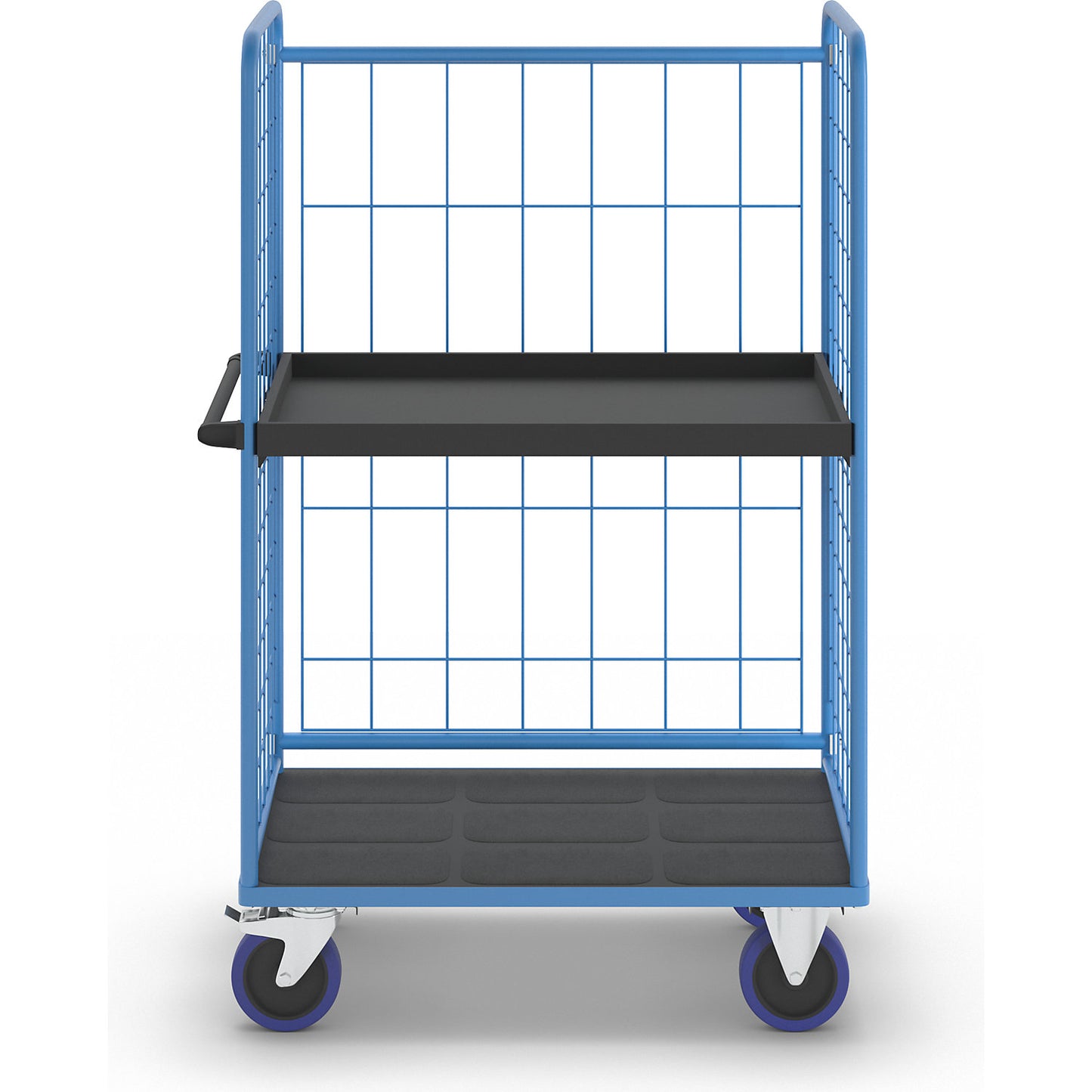 Shelf truck, with mesh panels on three sides, platform LxW 1140 x 730 mm, 2 levels, with edge.