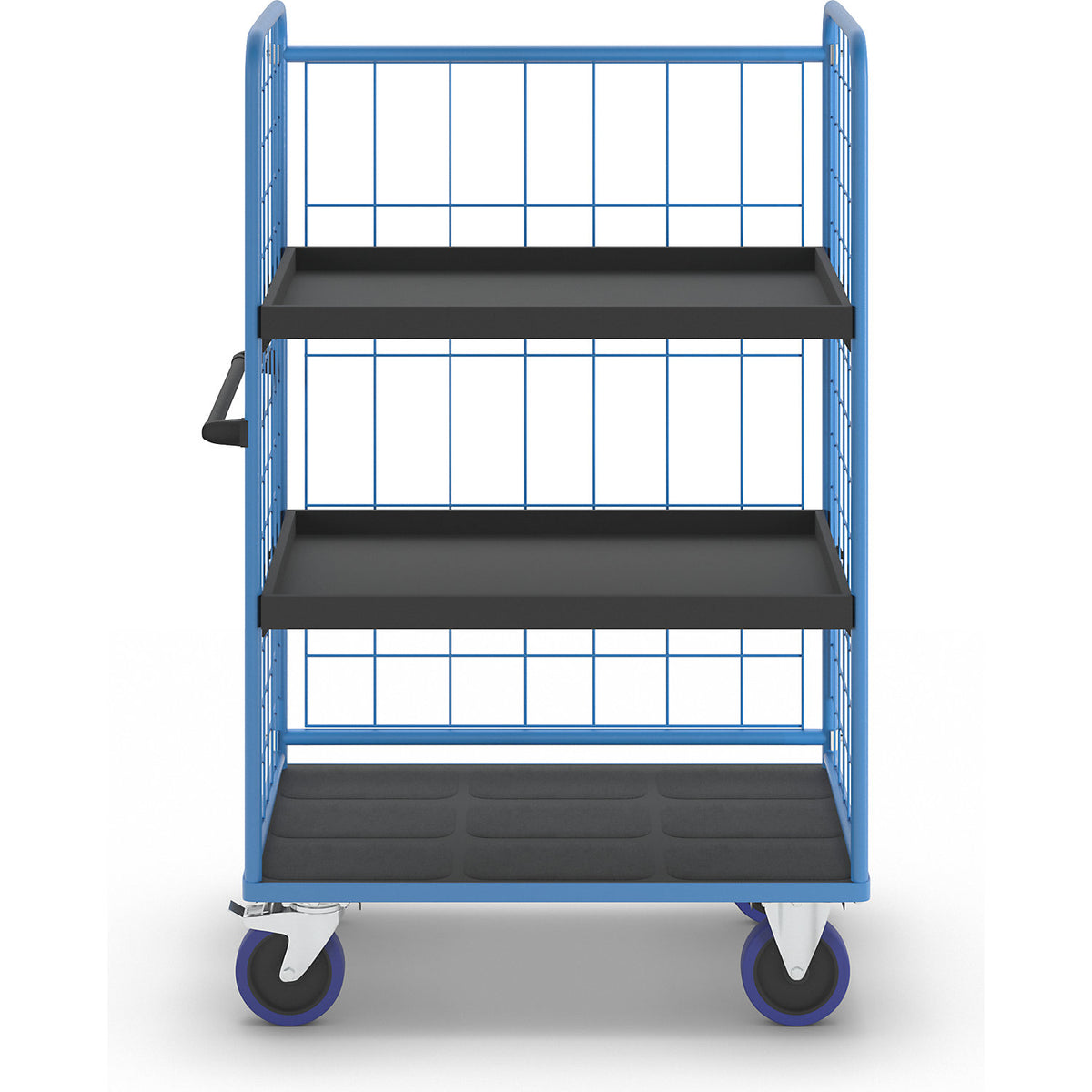 Shelf truck, with mesh panels on three sides, platform LxW 1140 x 730 mm, 3 levels, with edge.