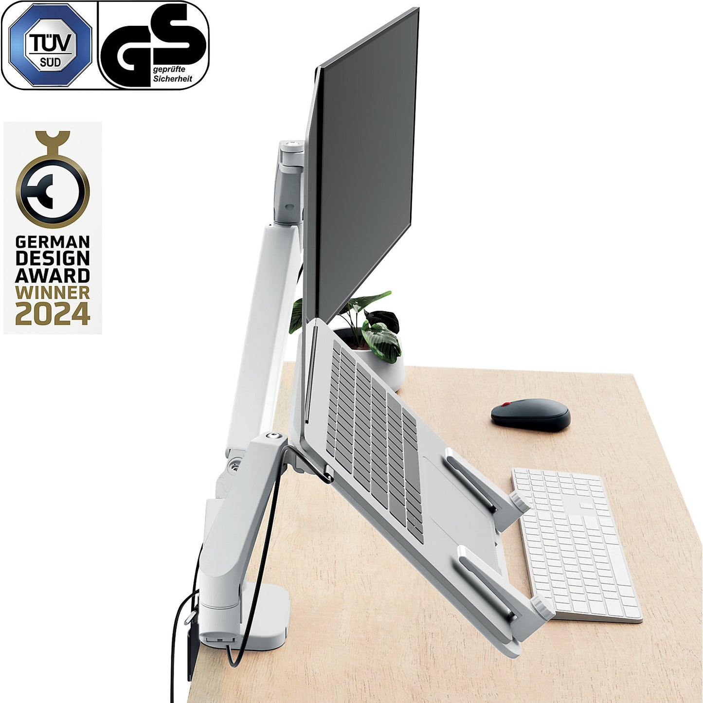 Ergo space-saving dual monitor arm with laptop holder, max. load 9 kg, light grey.