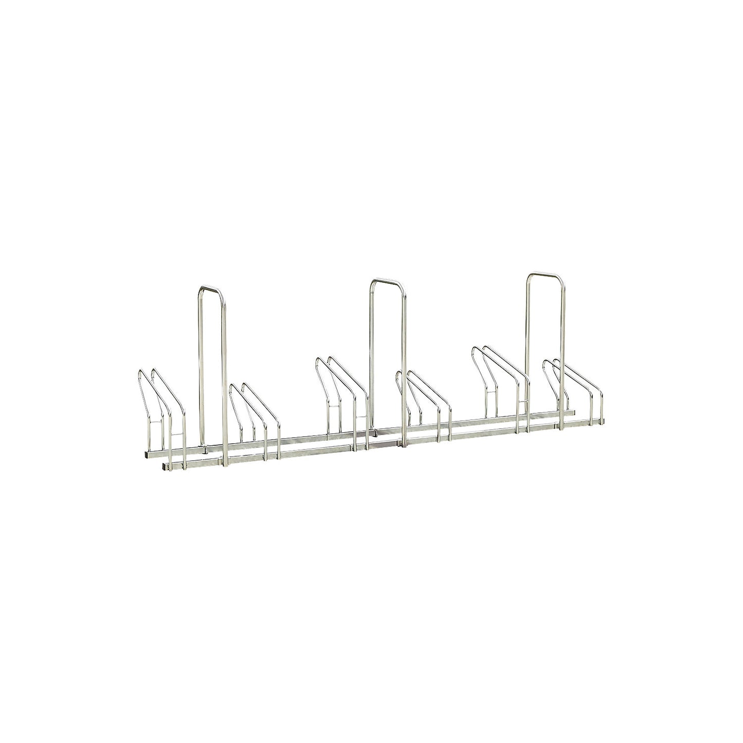 Bicycle racks on two levels side by side, 6 parking spaces, metal look.