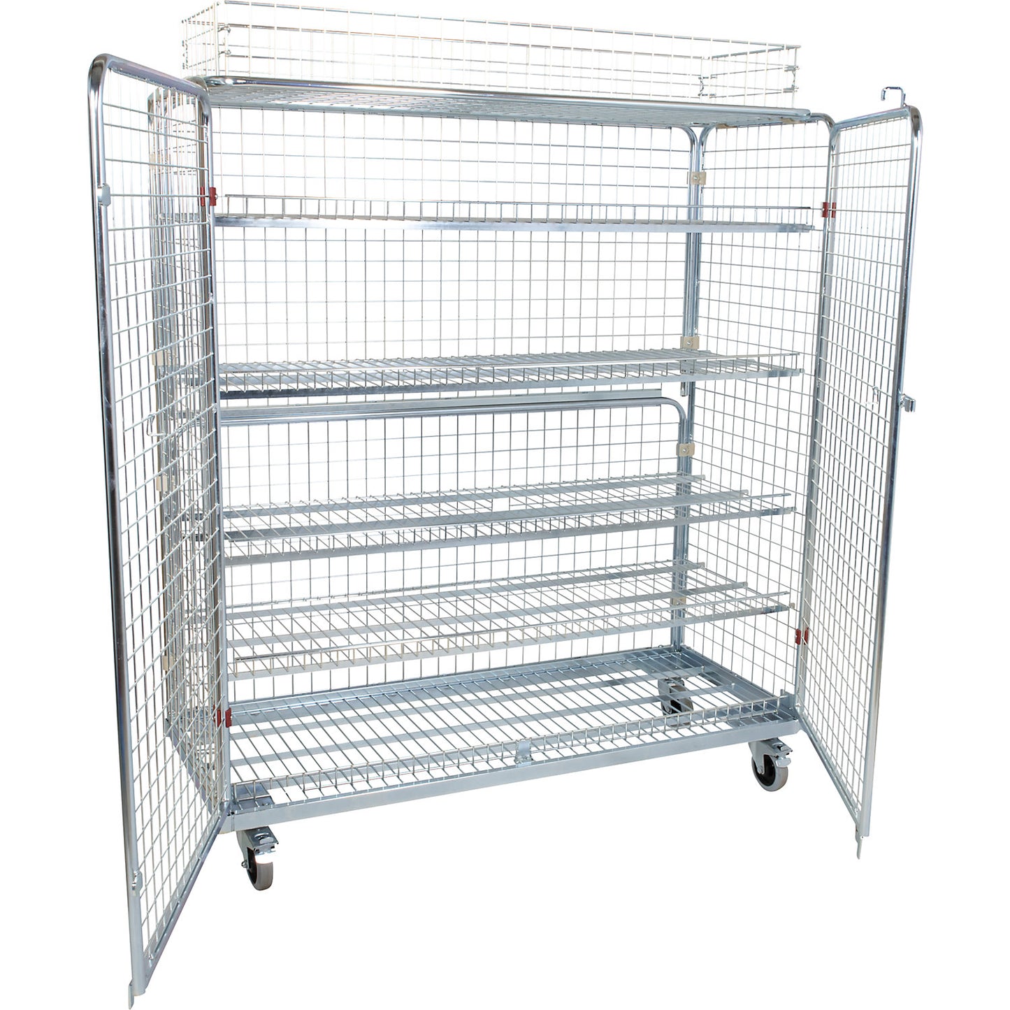 Steel roll container with hinged doors, 5-sided, with basket attachment.