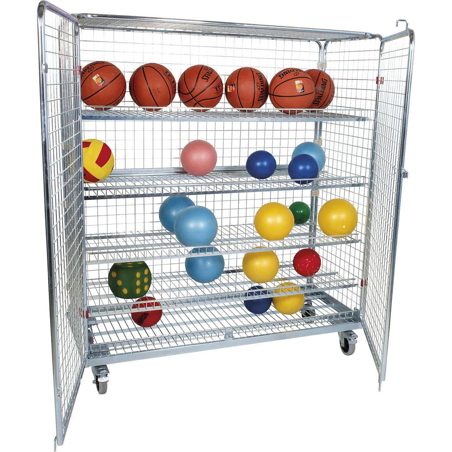Steel roll container with hinged doors, 5-sided, without basket attachment.