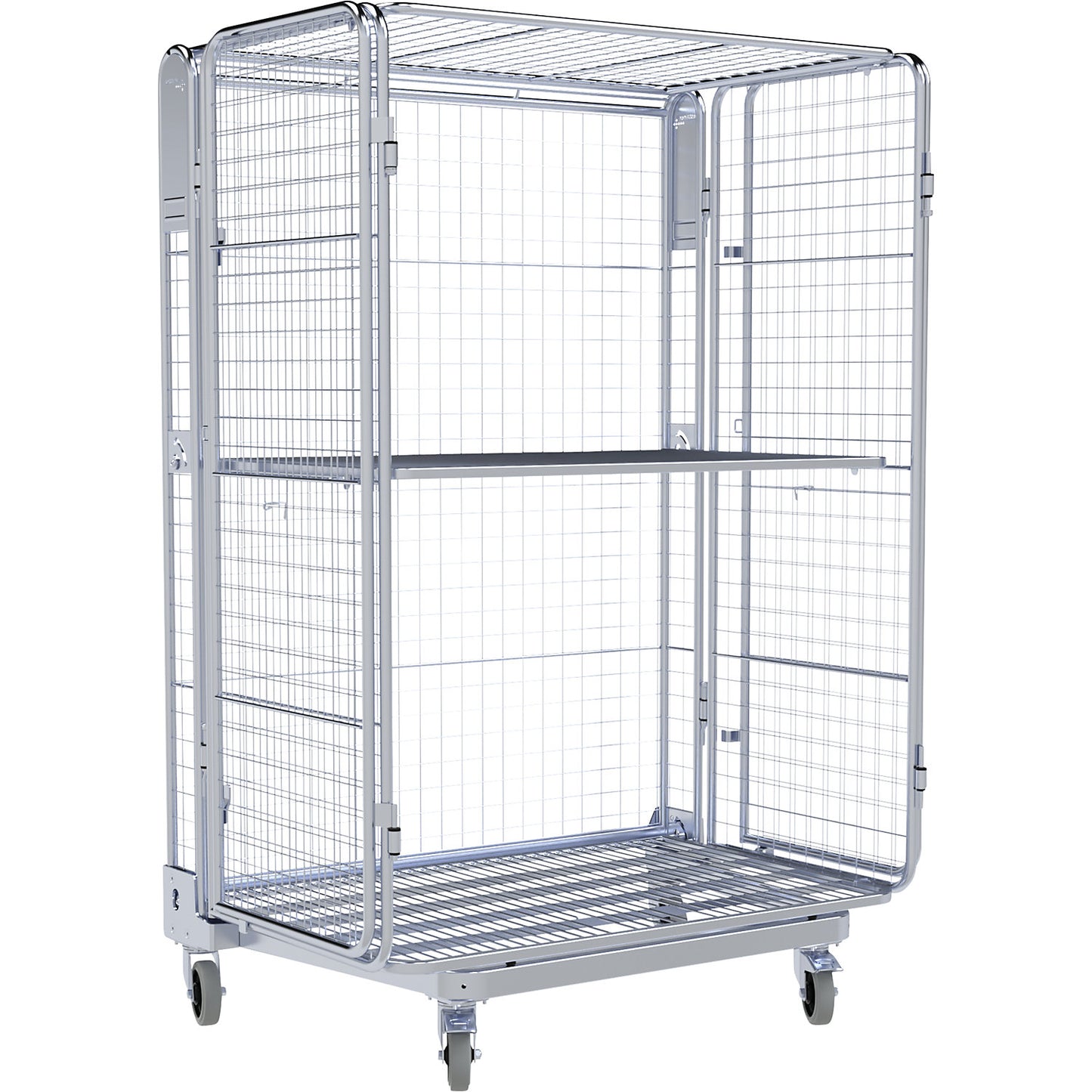 Roll container, 5-sided, steel dolly, H 1825 mm, 1 shelf, mesh 50 x 50 mm.