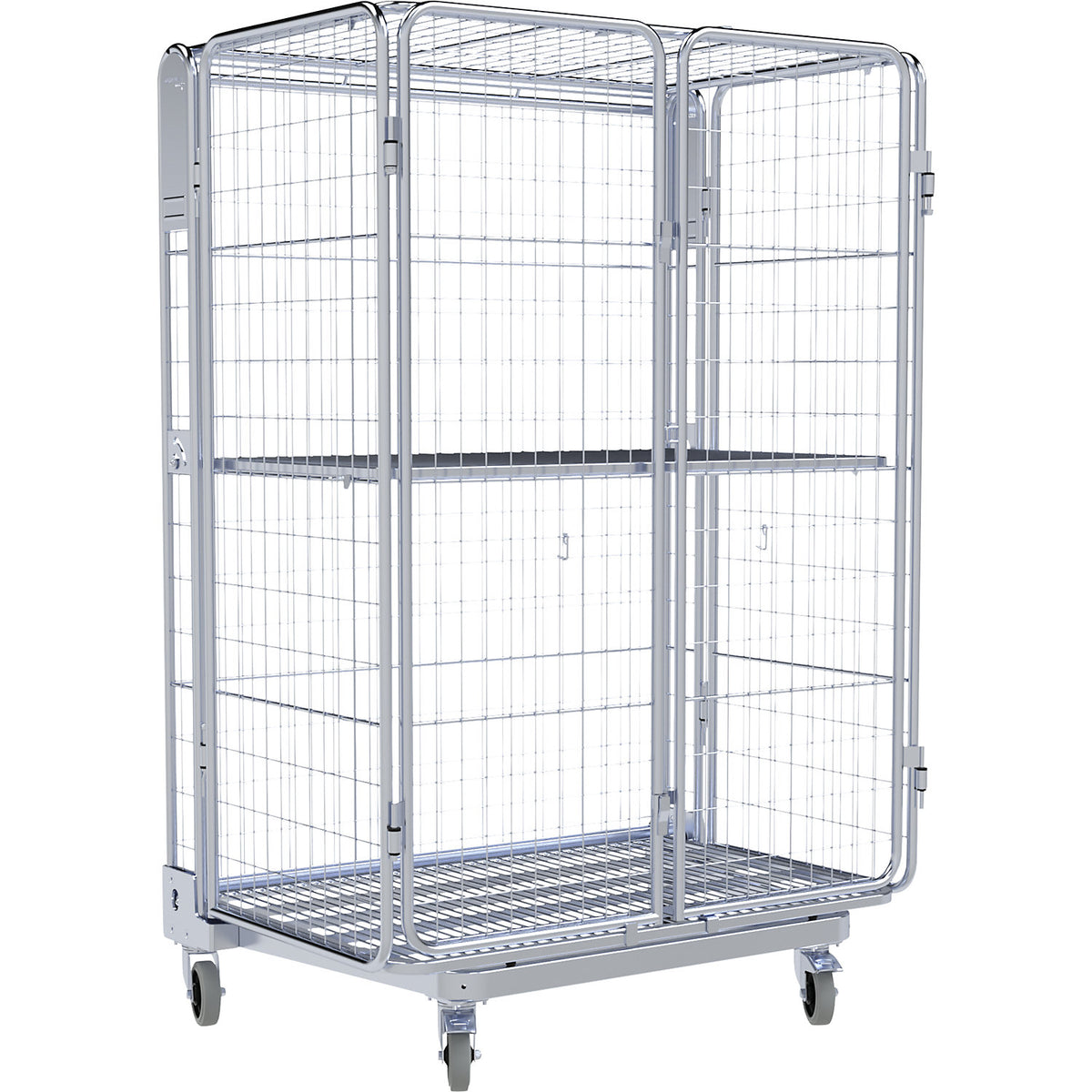 Roll container, 5-sided, steel dolly, H 1825 mm, 1 shelf, mesh 50 x 50 mm.