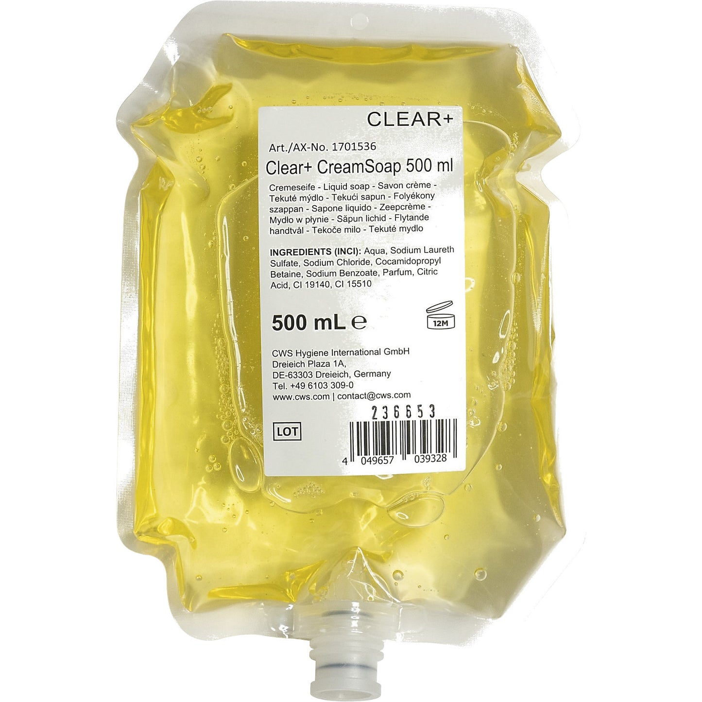 Clear+ cream soap, pH-neutral with lemon scent, contents 0.5 litres, pack of 6.
