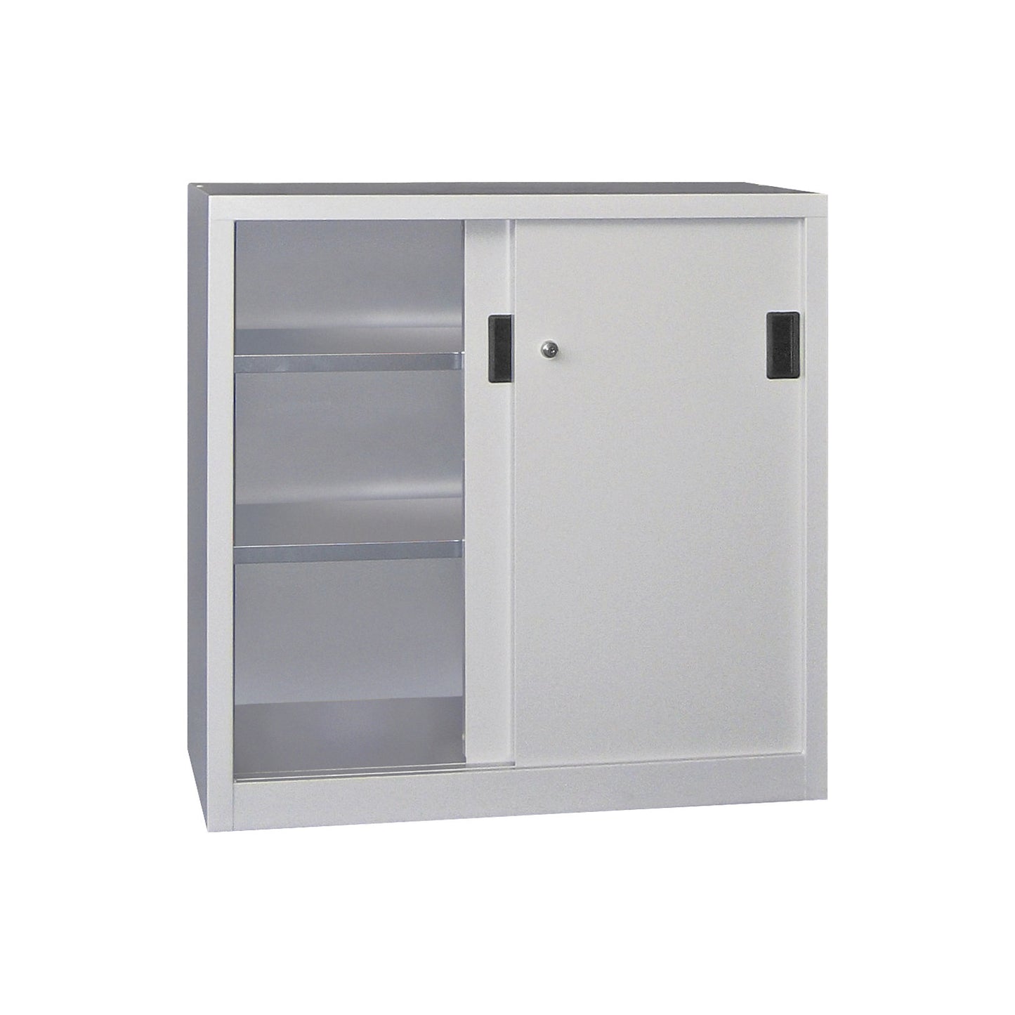 Sliding door cabinet, height 1000 mm, solid sheet metal doors, WxD 1000 x 400 mm, with 2 shelves, door light grey.