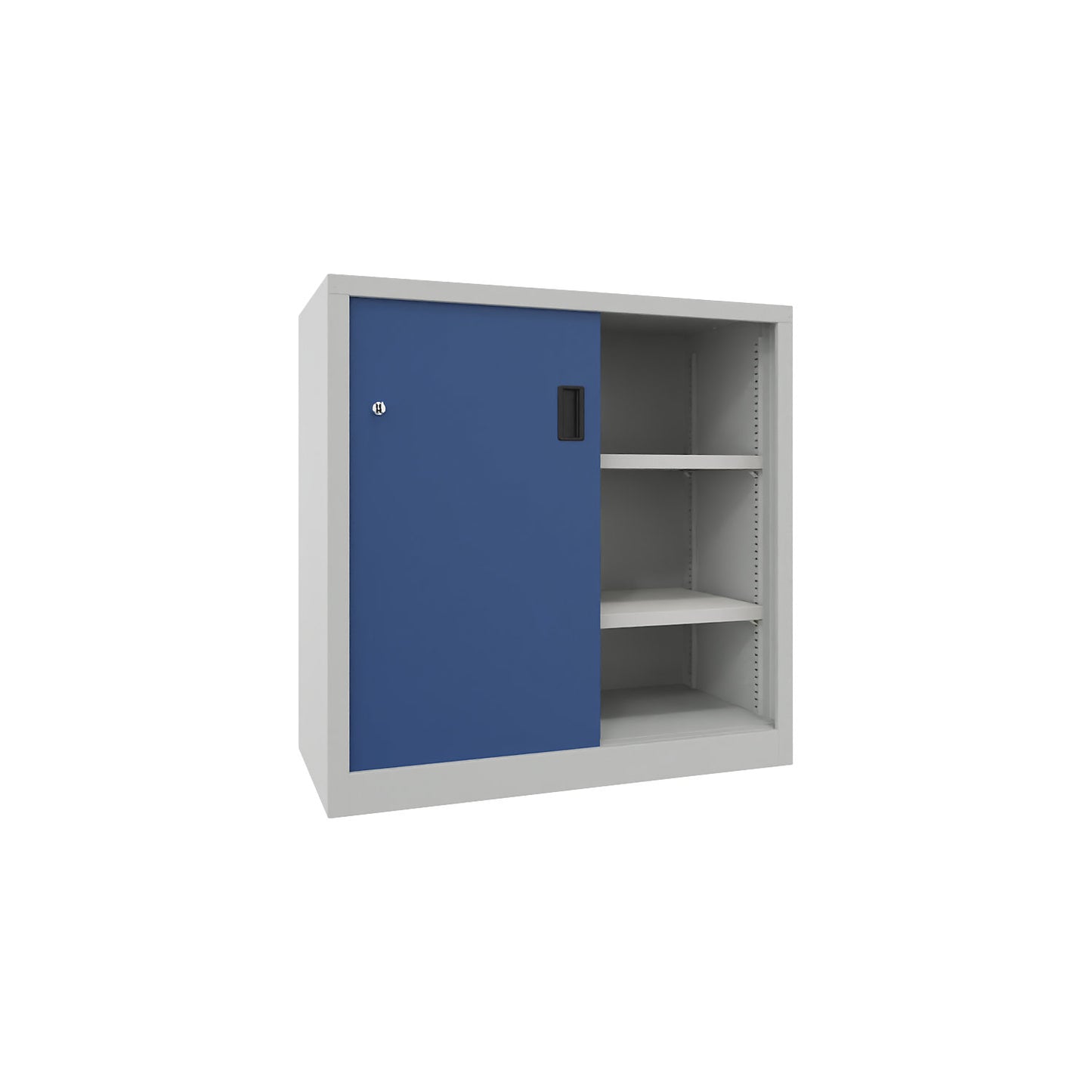 Sliding door cabinet, height 1000 mm, solid sheet metal doors, WxD 1000 x 400 mm, with 2 shelves, door gentian blue.