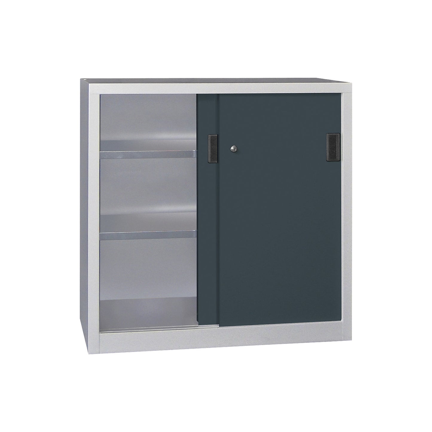 Sliding door cabinet, height 1000 mm, solid sheet metal doors, WxD 1000 x 500 mm, with 2 shelves, anthracite door.
