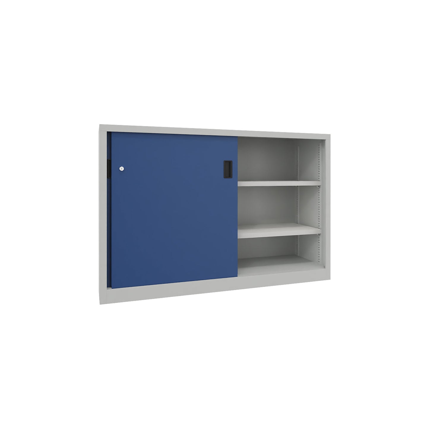 Sliding door cabinet, height 1000 mm, solid sheet metal doors, WxD 1500 x 400 mm, with divider and 2 x 2 shelves, door gentian blue.