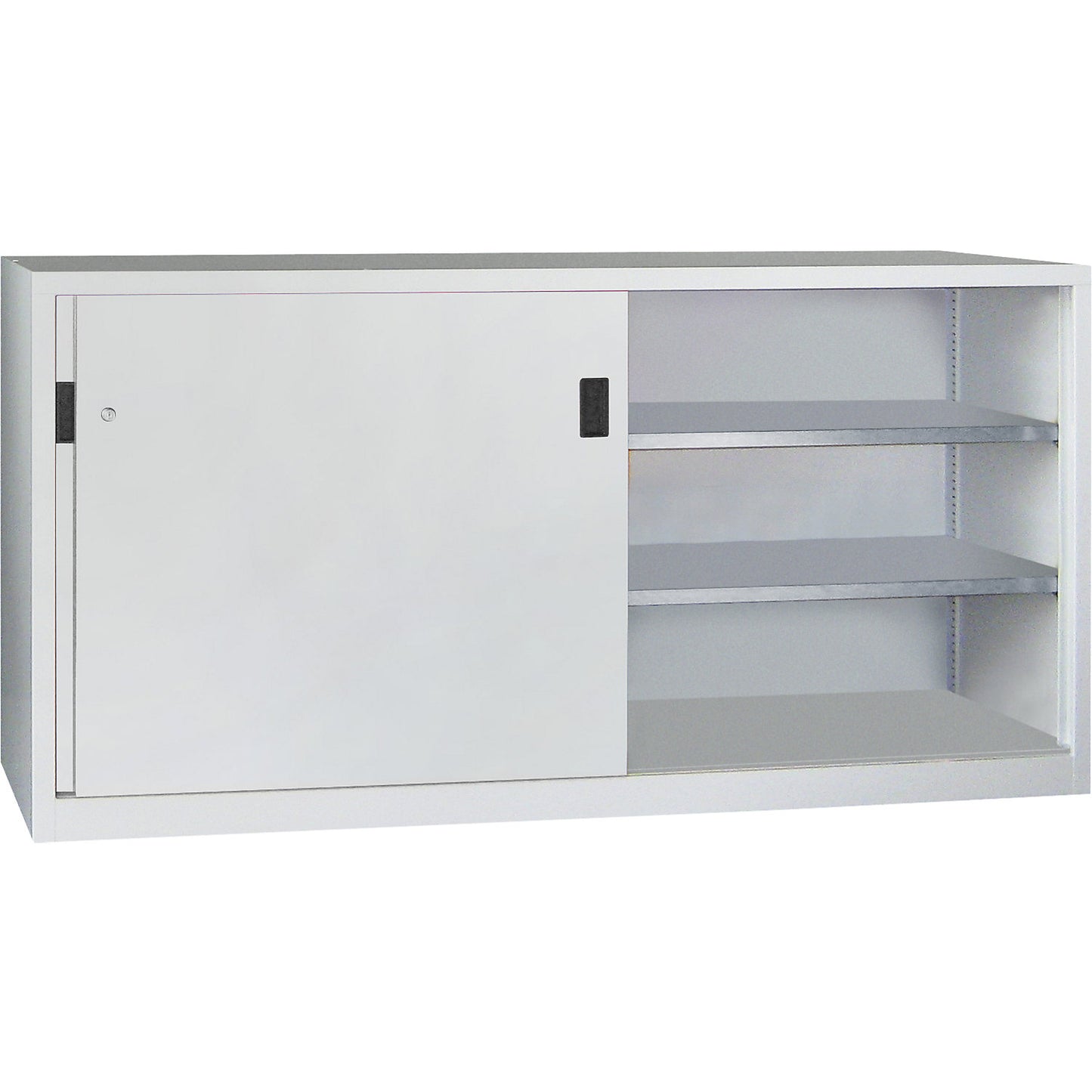 Sliding door cabinet, height 1000 mm, solid sheet metal doors, WxD 2000 x 400 mm, with divider and 2 x 2 shelves, door light grey.