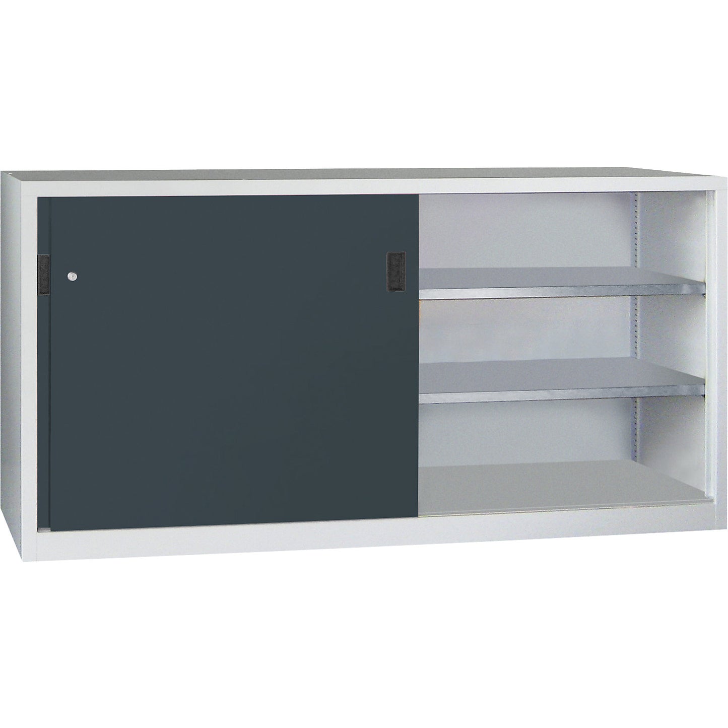 Sliding door cabinet, height 1000 mm, solid sheet metal doors, WxD 2000 x 400 mm, with divider and 2 x 2 shelves, anthracite door.