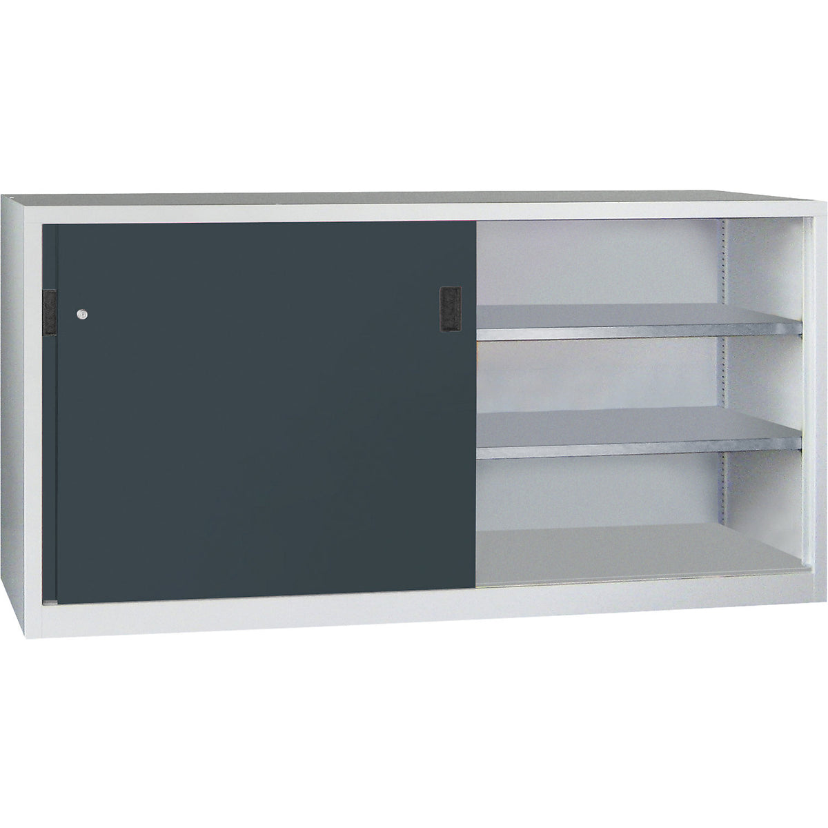 Sliding door cabinet, height 1000 mm, solid sheet metal doors, WxD 2000 x 400 mm, with divider and 2 x 2 shelves, anthracite door.