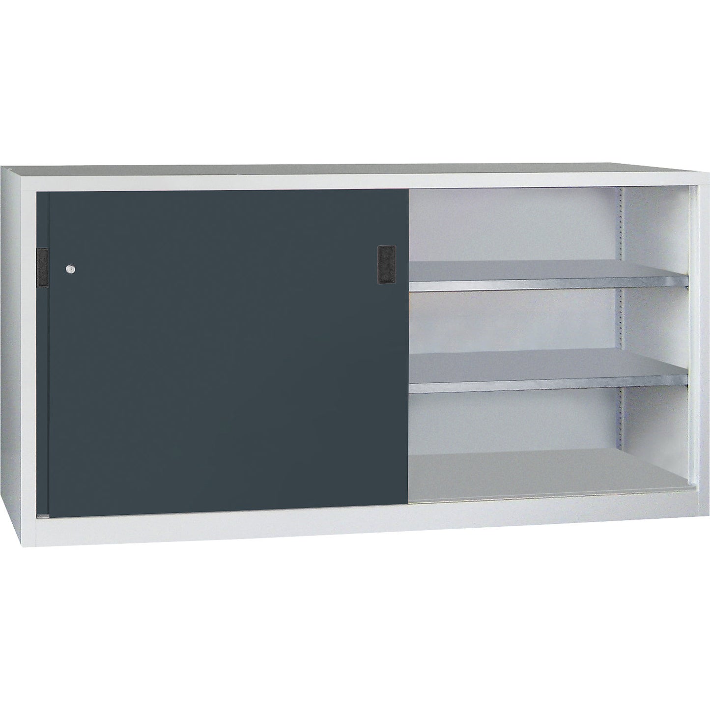 Sliding door cabinet, height 1000 mm, solid sheet metal doors, WxD 2000 x 600 mm, with divider and 2 x 2 shelves, door anthracite.