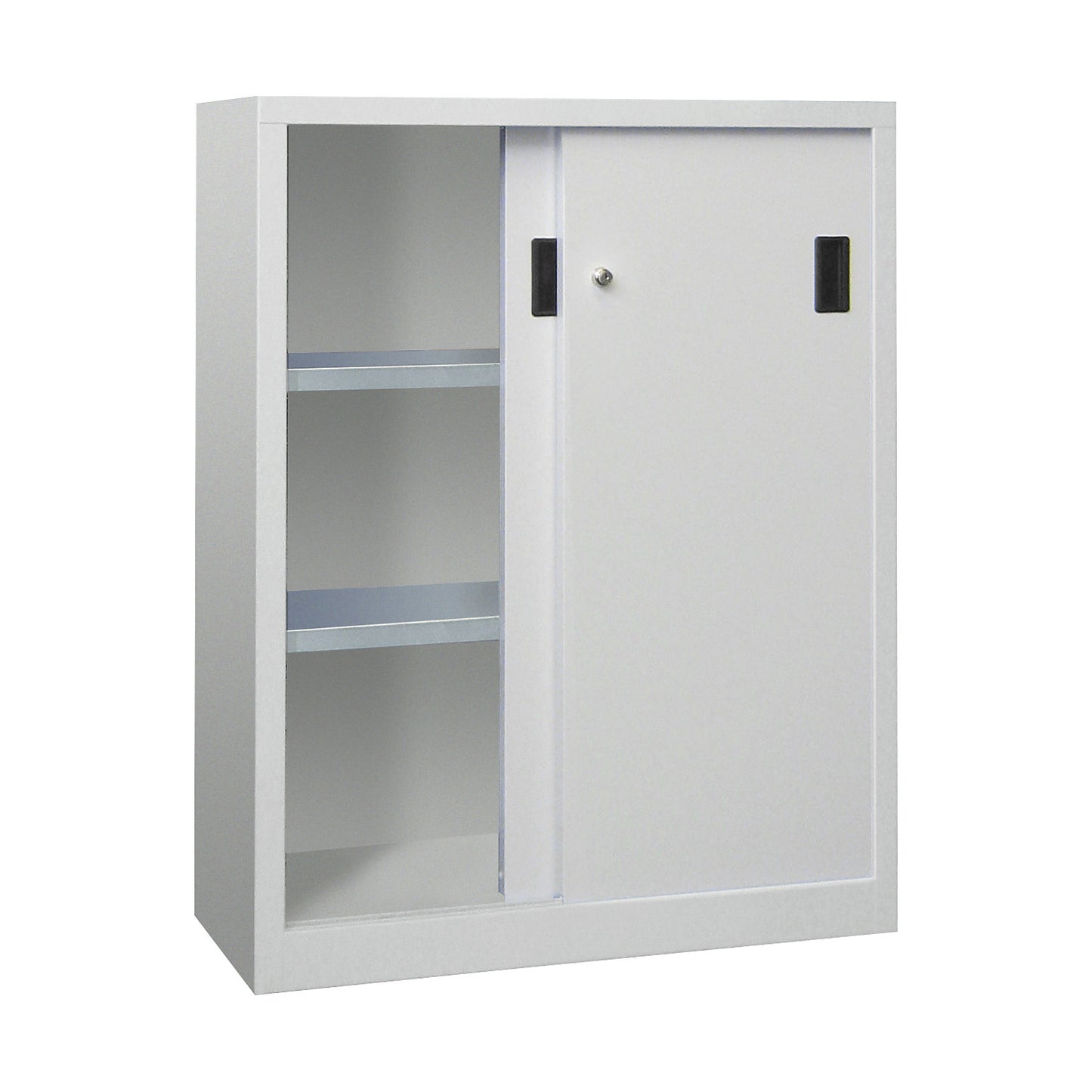 Sliding door cabinet, height 1200 mm, solid sheet metal doors, WxD 1000 x 600 mm, with 2 shelves, light grey door.