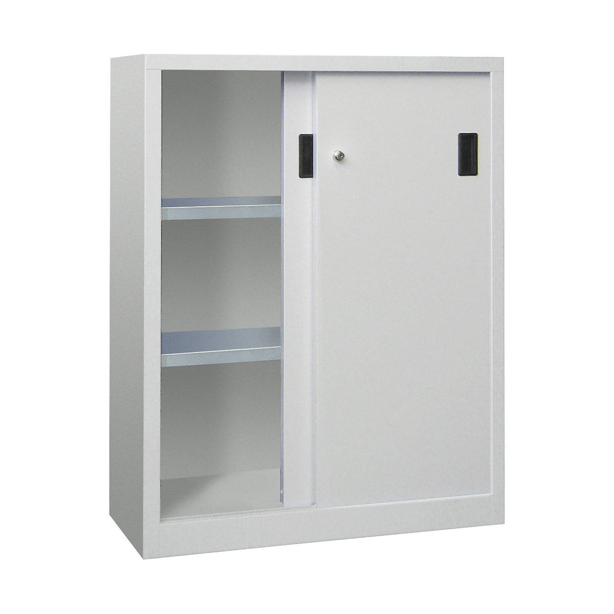 Sliding door cabinet, height 1200 mm, solid sheet metal doors, WxD 1000 x 600 mm, with 2 shelves, light grey door.