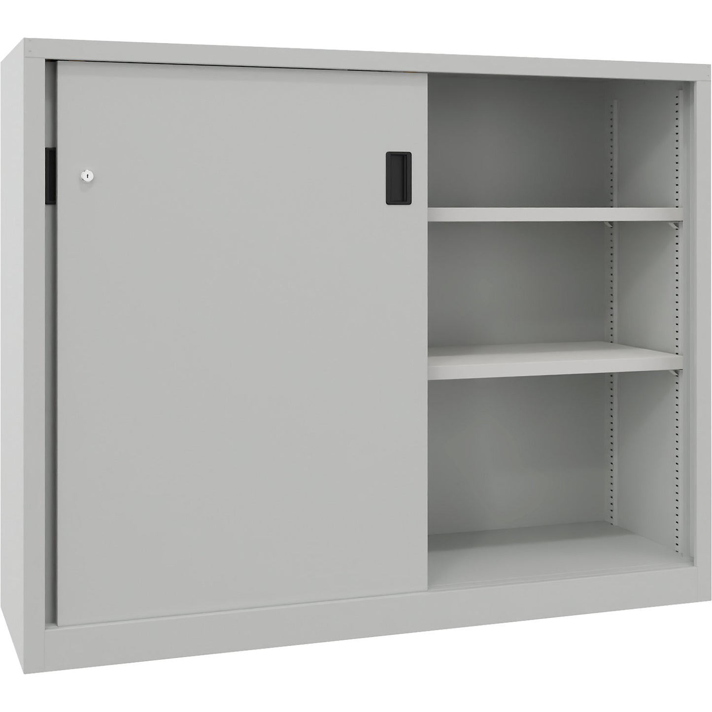 Sliding door cabinet, height 1200 mm, solid sheet metal doors, WxD 1500 x 400 mm, with divider and 2 x 2 shelves, door light grey.