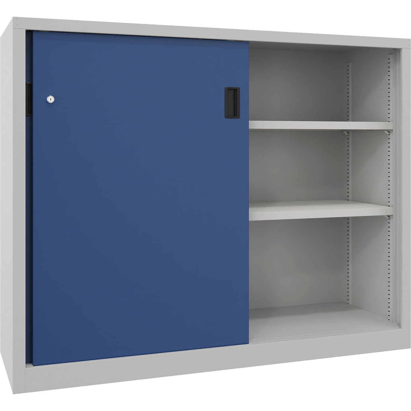 Sliding door cabinet, height 1200 mm, solid sheet metal doors, WxD 1500 x 400 mm, with divider and 2 x 2 shelves, door gentian blue.