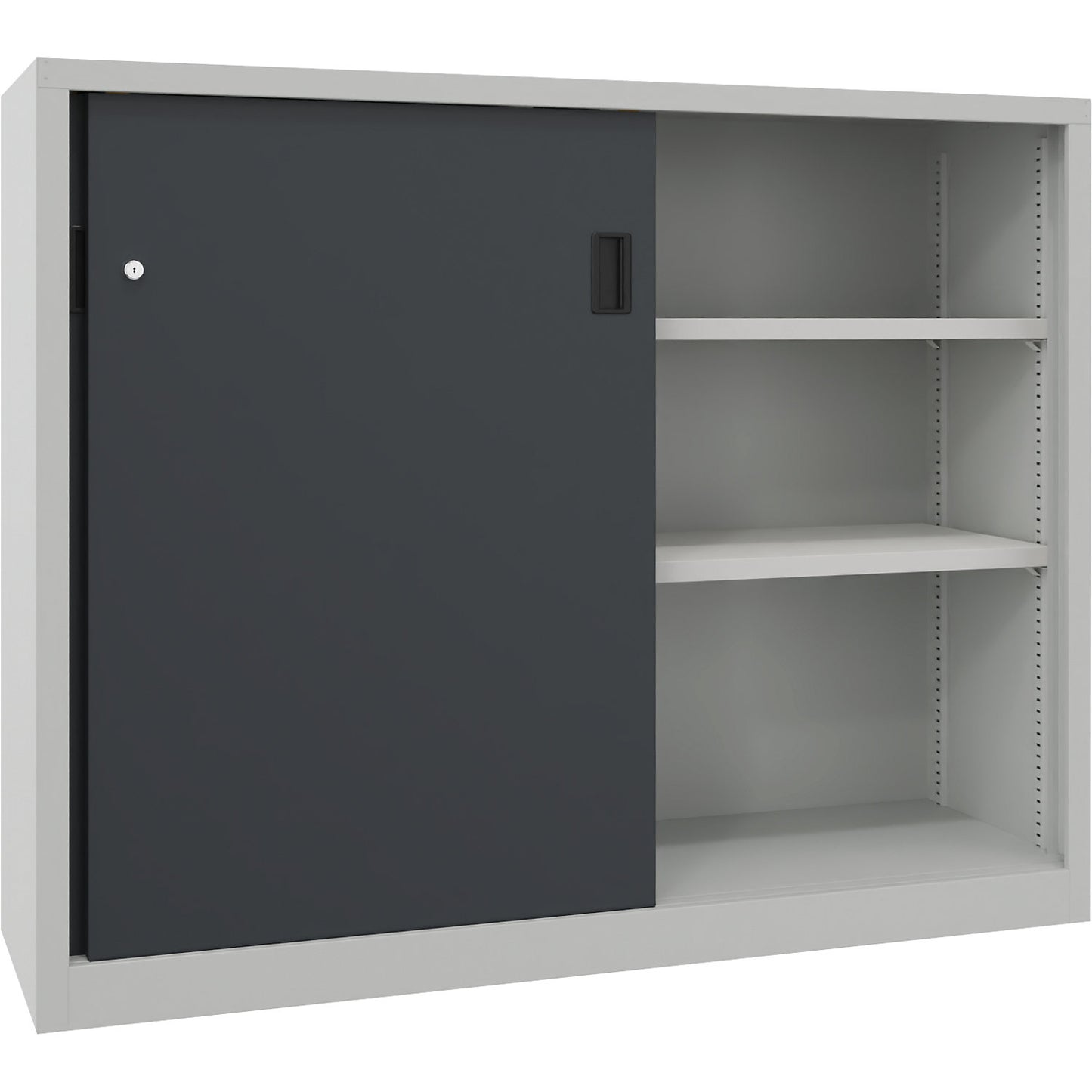 Sliding door cabinet, height 1200 mm, solid sheet metal doors, WxD 1500 x 400 mm, with divider and 2 x 2 shelves, anthracite door.