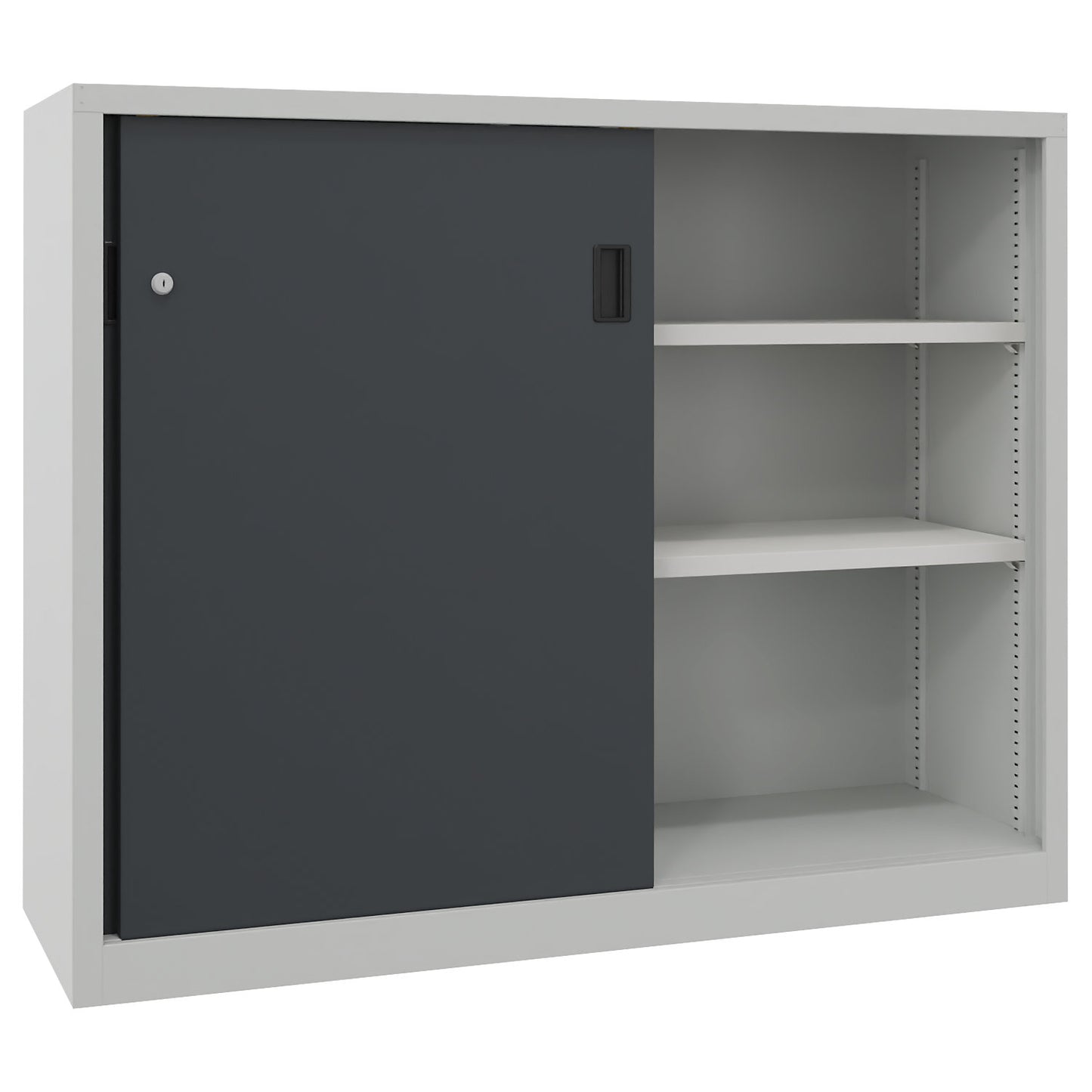 Sliding door cabinet, height 1200 mm, solid sheet metal doors, WxD 1500 x 500 mm, with divider and 2 x 2 shelves, door anthracite.