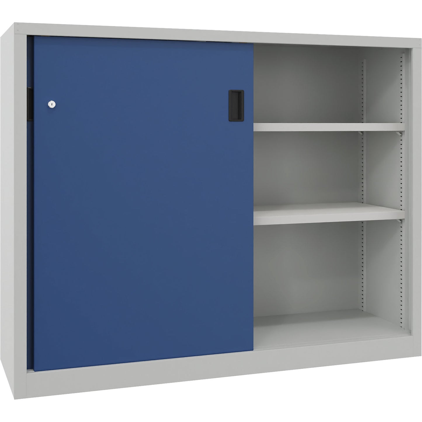 Sliding door cabinet, height 1200 mm, solid sheet metal doors, WxD 1500 x 600 mm, with divider and 2 x 2 shelves, door gentian blue.