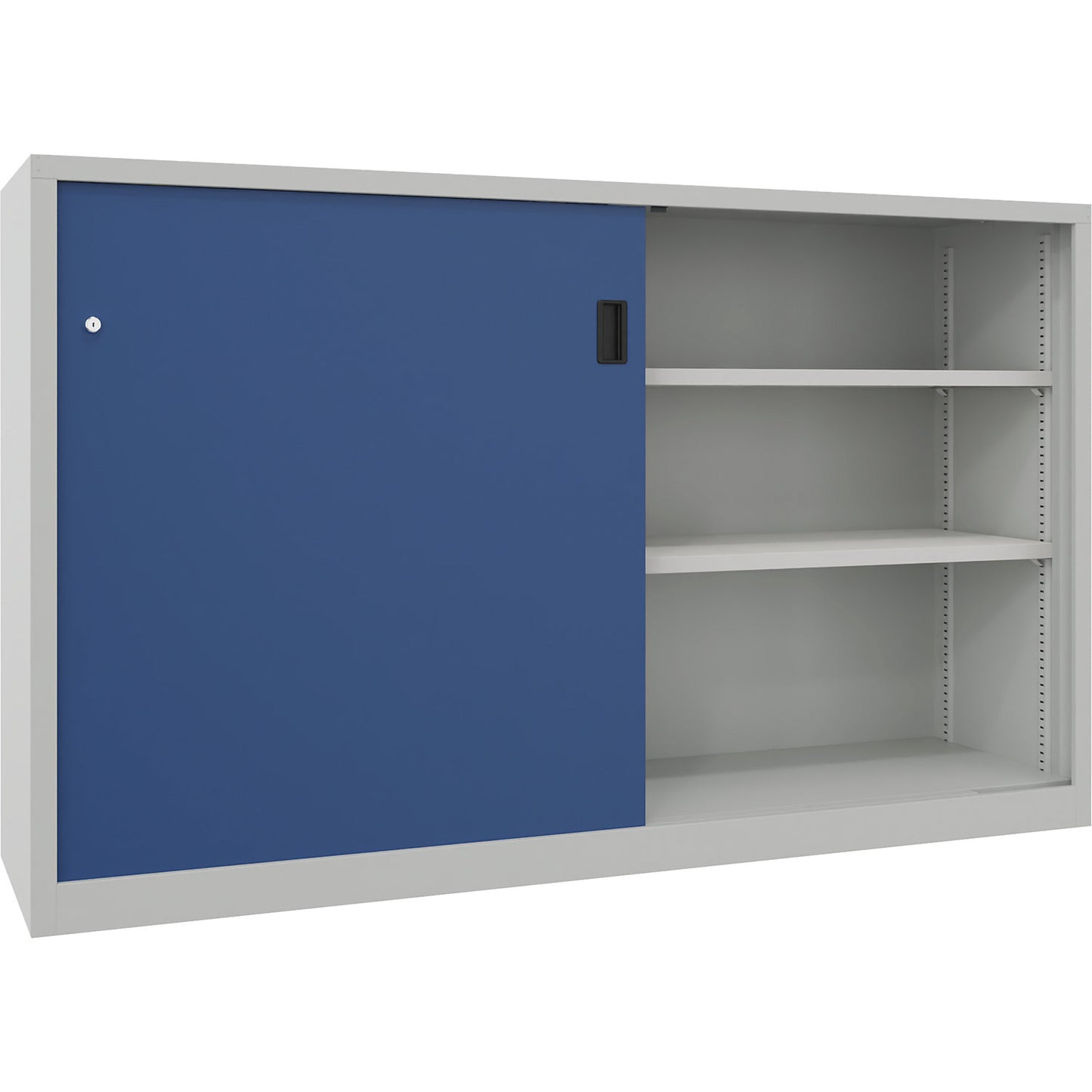 Sliding door cabinet, height 1200 mm, solid sheet metal doors, WxD 2000 x 400 mm, with divider and 2 x 2 shelves, door gentian blue.