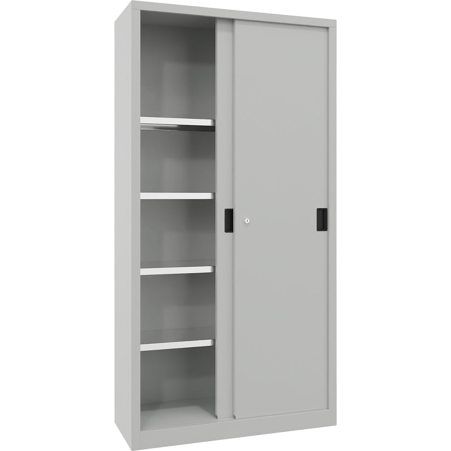 Sliding door cabinet, height 1950 mm, solid sheet metal doors, WxD 1000 x 400 mm, with 4 shelves, door light grey.