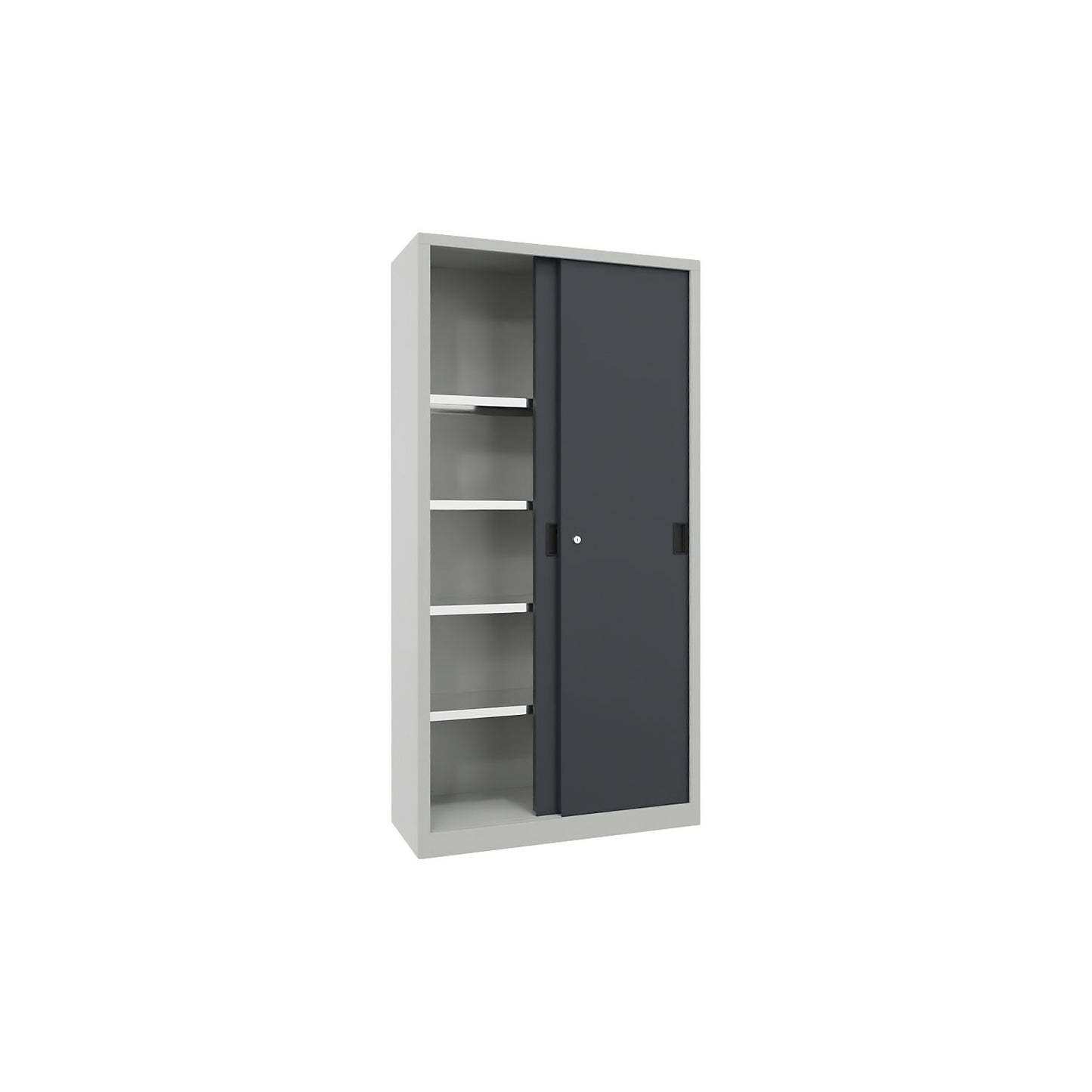 Sliding door cabinet, height 1950 mm, solid sheet metal doors, WxD 1000 x 400 mm, with 4 shelves, anthracite door.