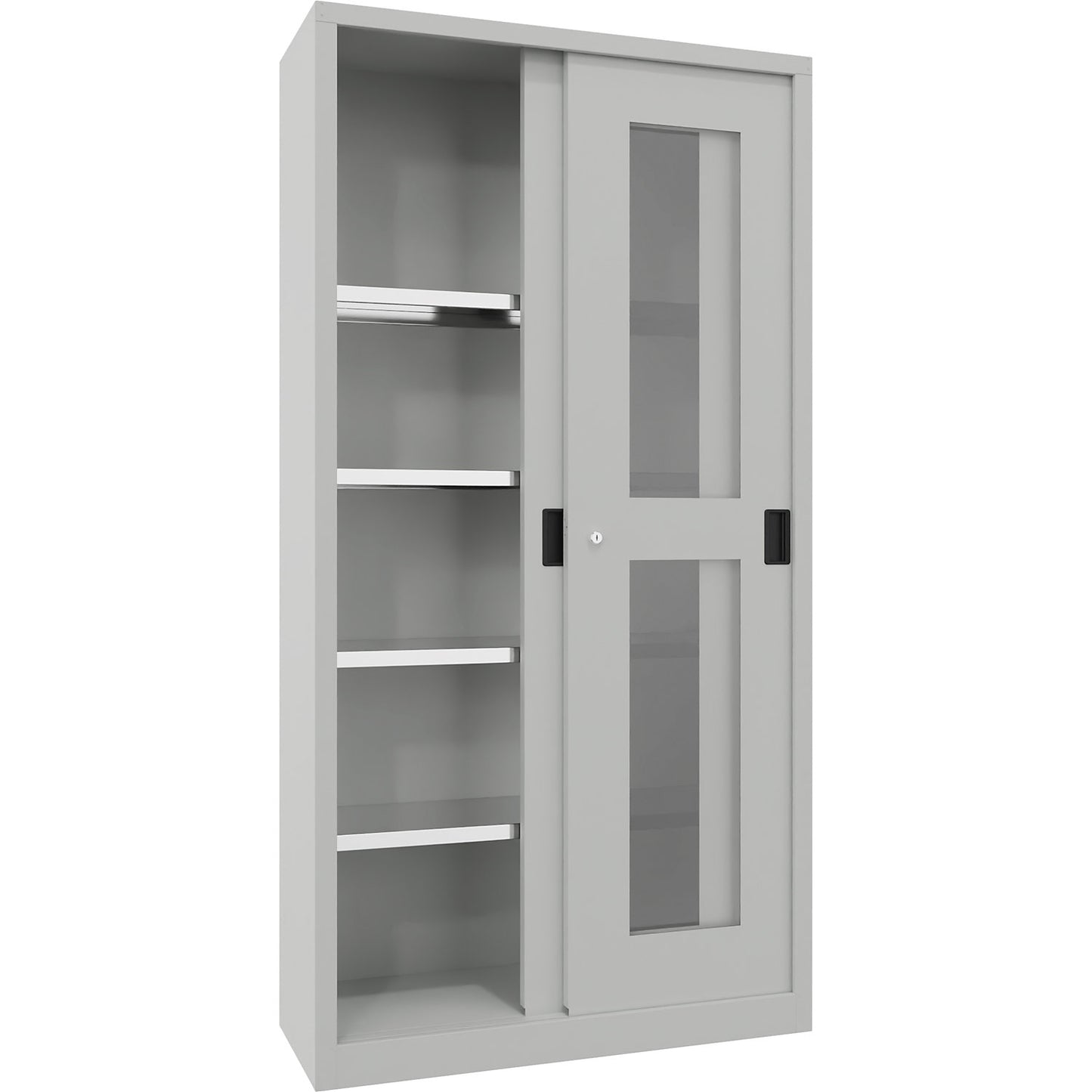 Sliding door cabinet, height 1950 mm, glazed doors, WxD 1000 x 400 mm, with 4 shelves, door light grey.