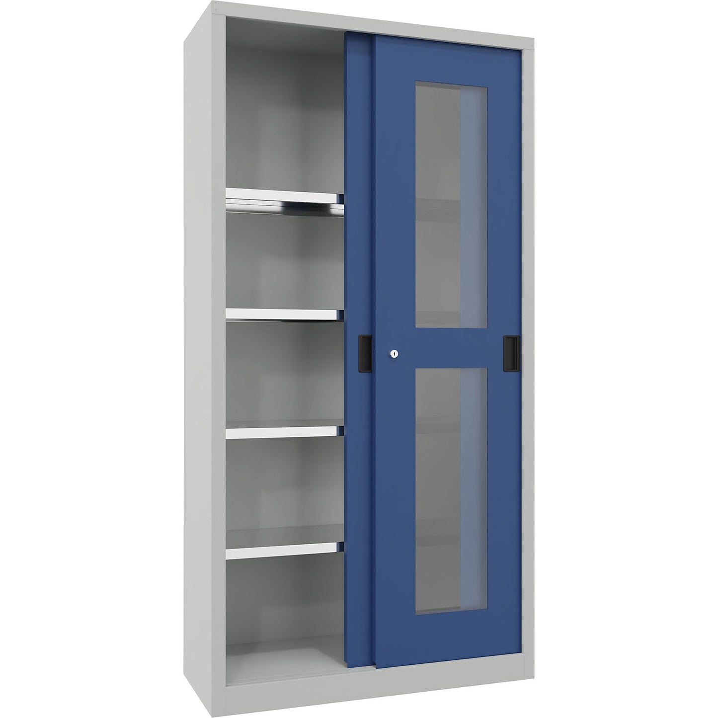 Sliding door cabinet, height 1950 mm, glazed doors, WxD 1000 x 400 mm, with 4 shelves, door gentian blue.