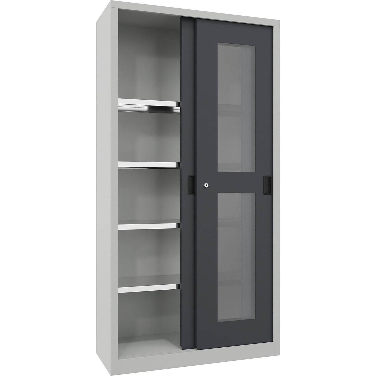 Sliding door cabinet, height 1950 mm, glazed doors, WxD 1000 x 400 mm, with 4 shelves, anthracite door.